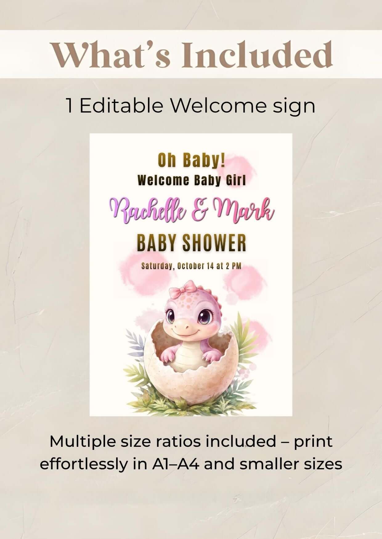 Girl Baby Shower Welcome Sign Editable Pink Dinosaur Baby Shower - Editable welcome sign with pink dinosaur and baby shower details.