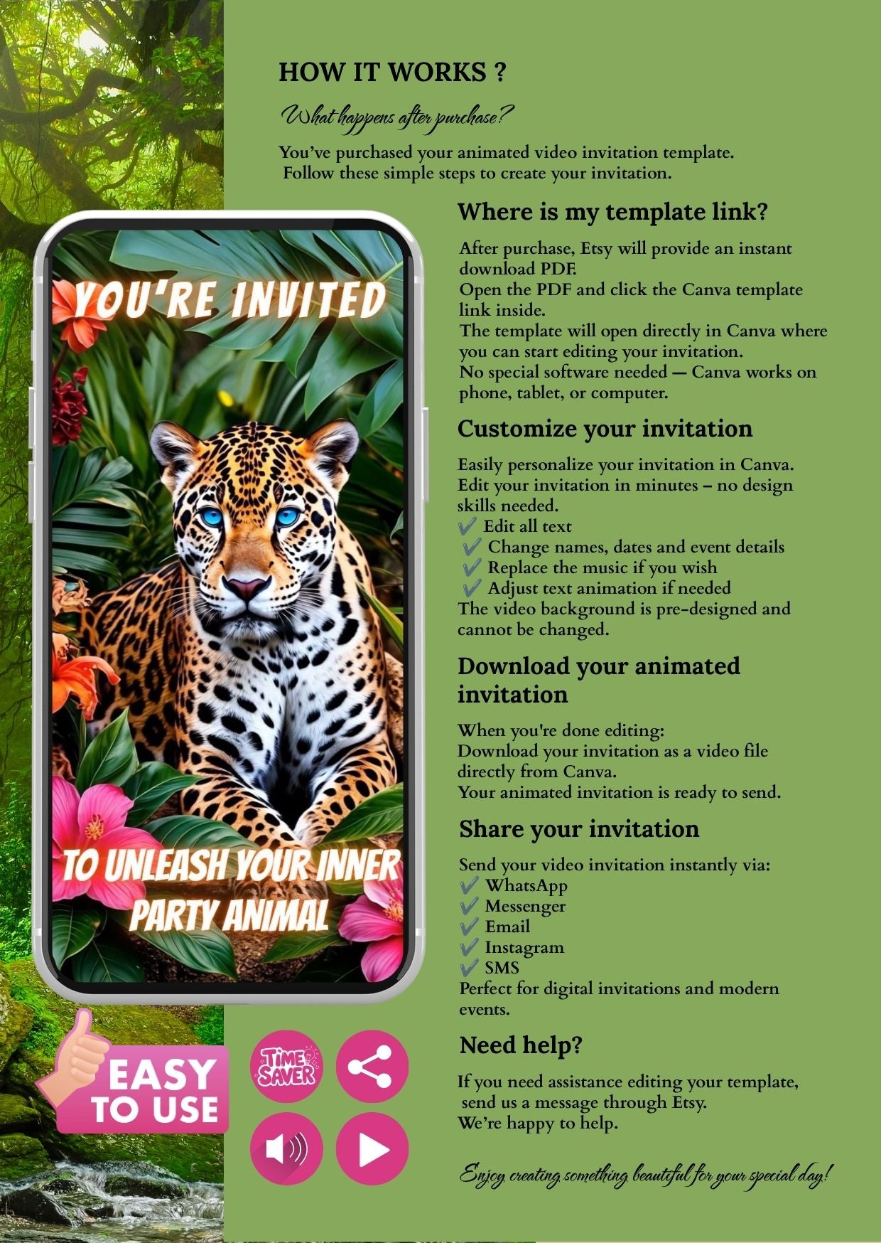 Leopard Birthday Video Invitation Canva template showcasing a leopard among tropical foliage, perfect for jungle-themed parties.