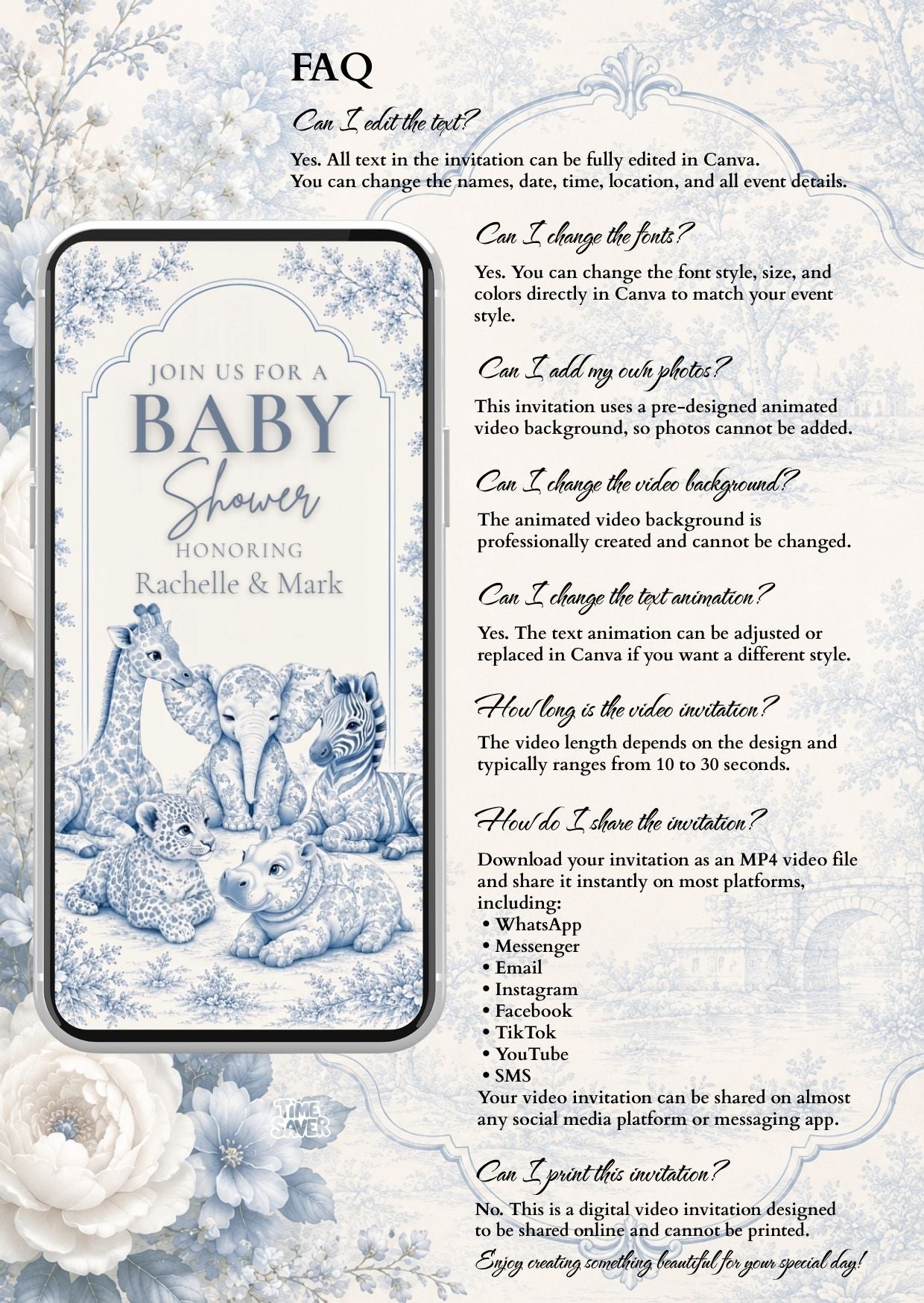 Baby Shower Video Invitation with blue toile design and safari animals, showcasing FAQ for customizable animated invitation.