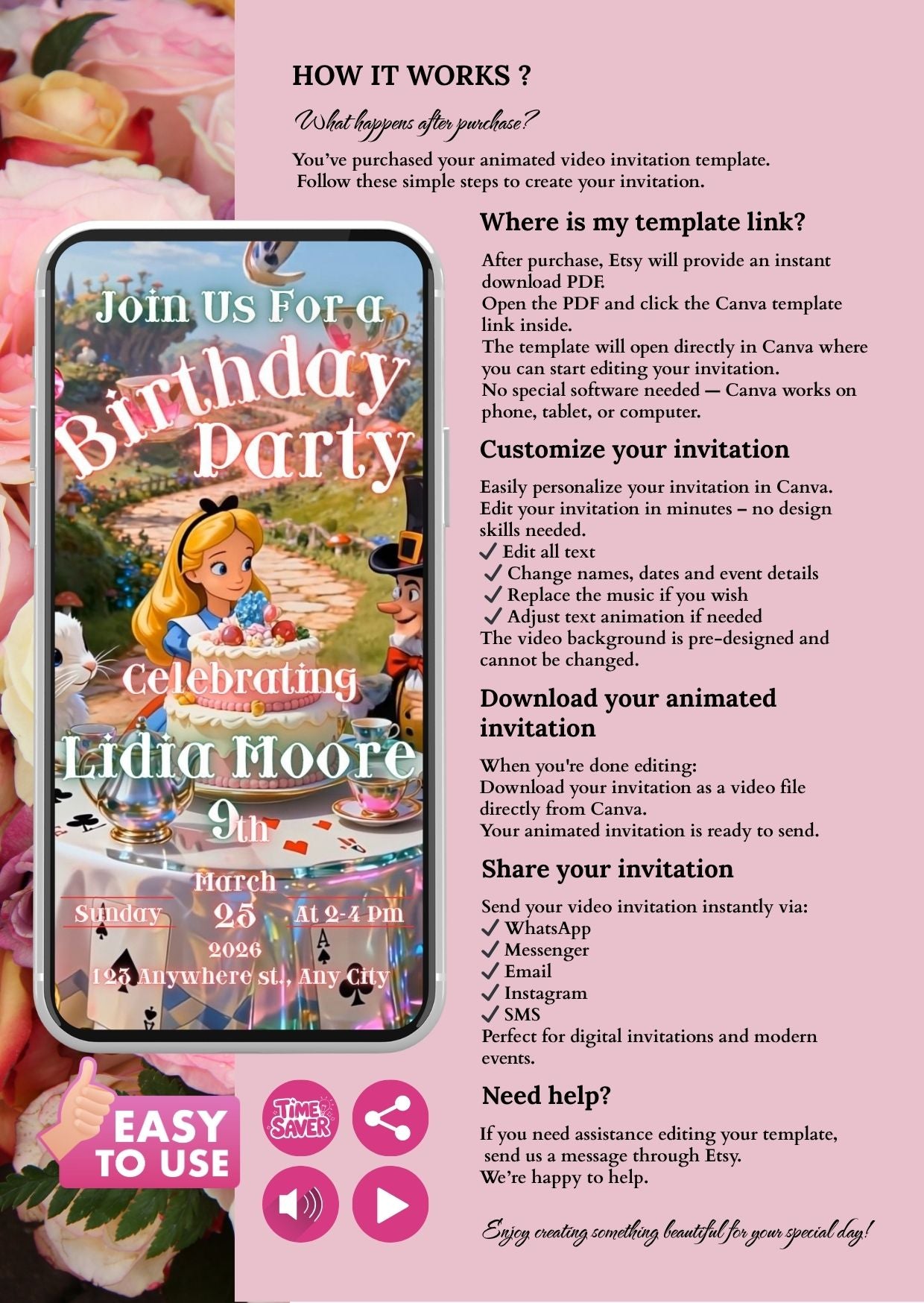 Birthday Video Invitation Alice in Wonderland theme with animated design on smartphone screen and party details.