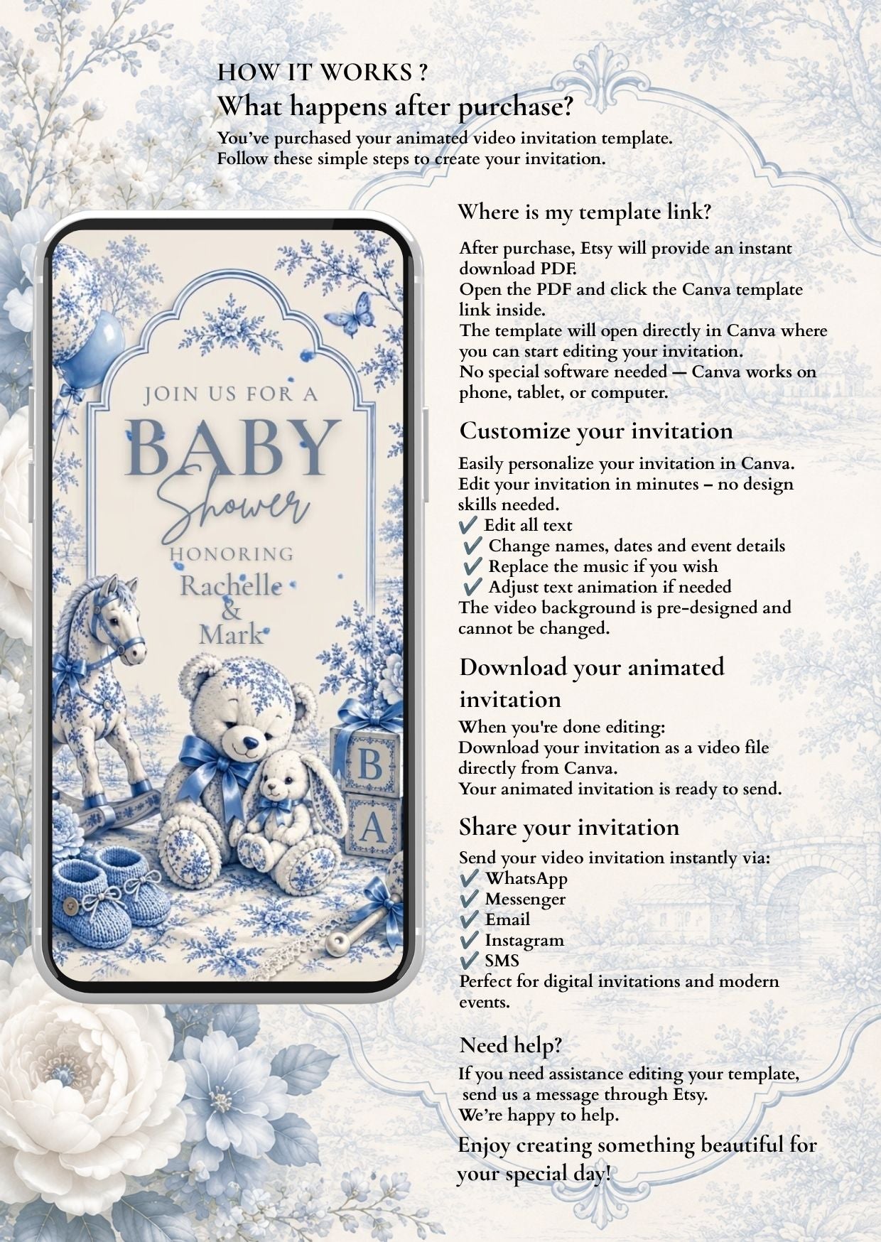Blue Toile Baby Shower Video Invitation showcasing a teddy bear and floral design for an elegant celebration.