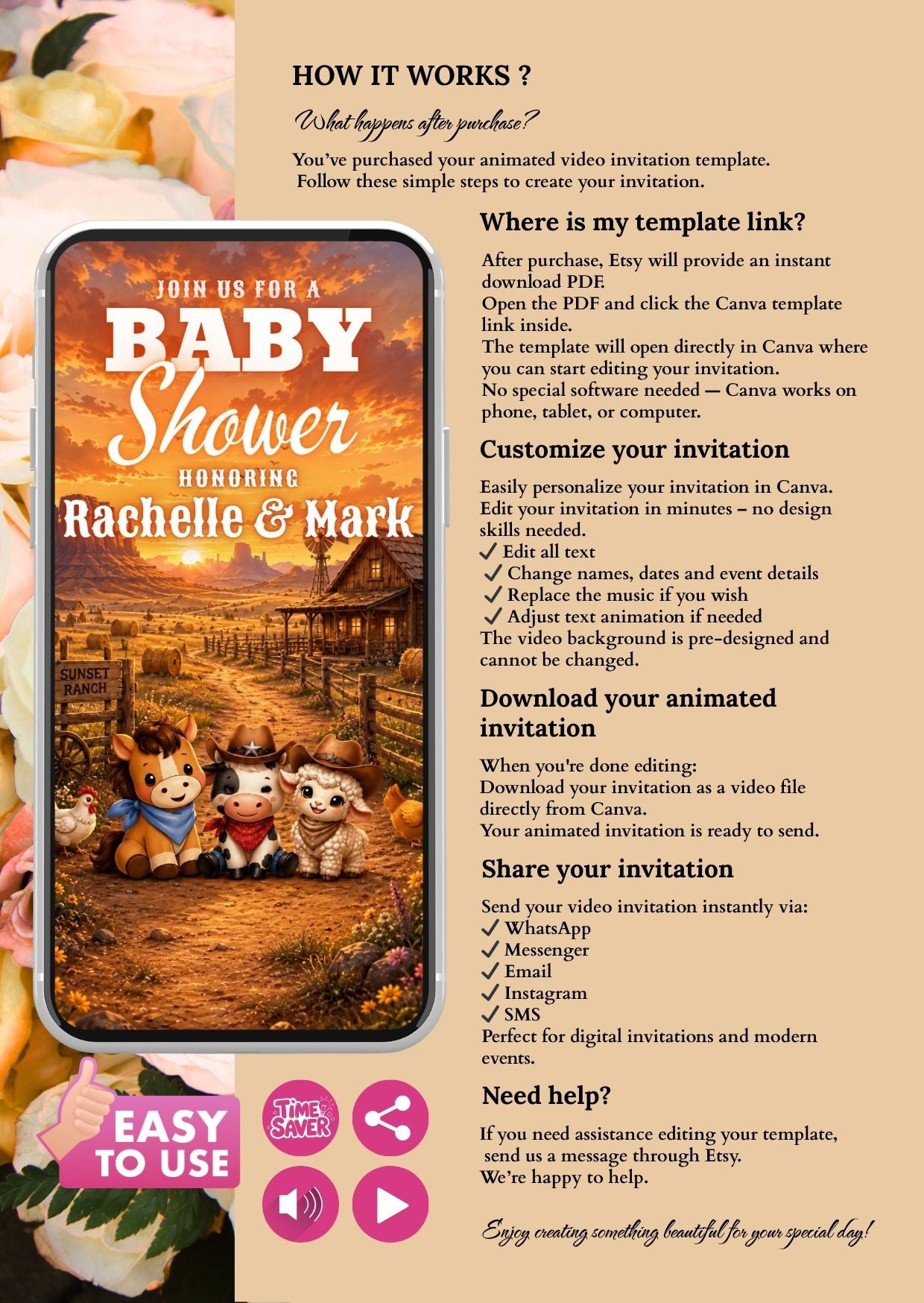 Cowboy Baby Shower Invitation template on a phone screen with animated design and customization instructions.