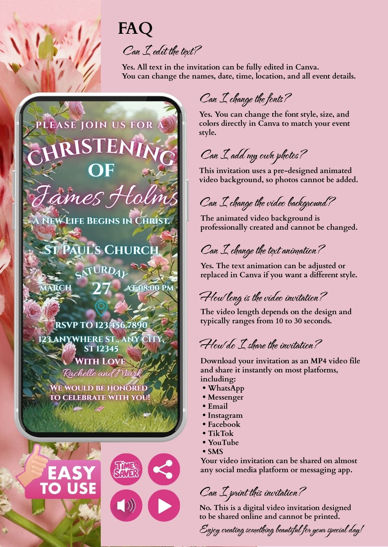 Christening Video Invitation editable on Canva shown on a mobile phone with floral background and event details.