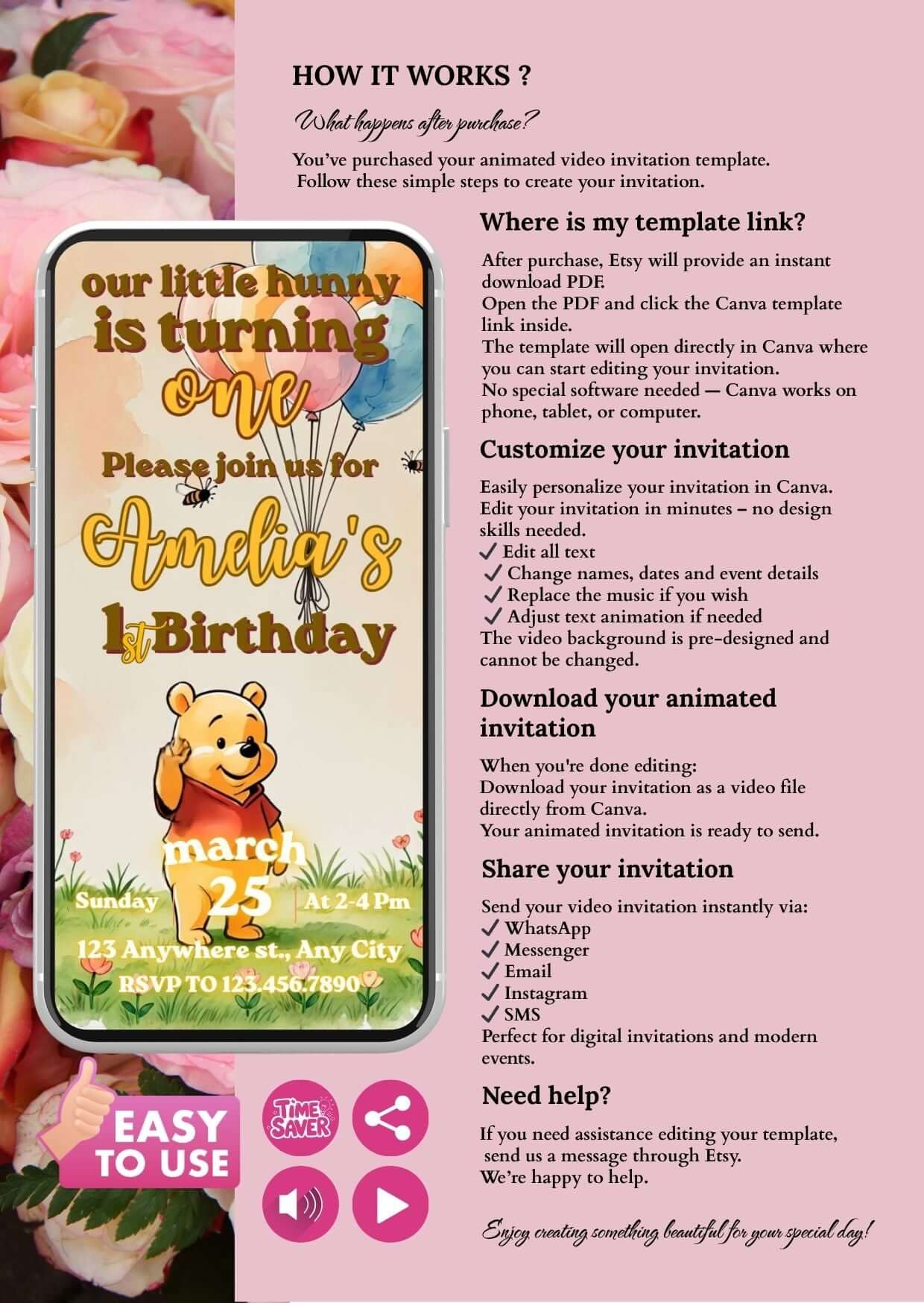 Winnie the Pooh birthday invitation video template with floral background showcasing birthday details.