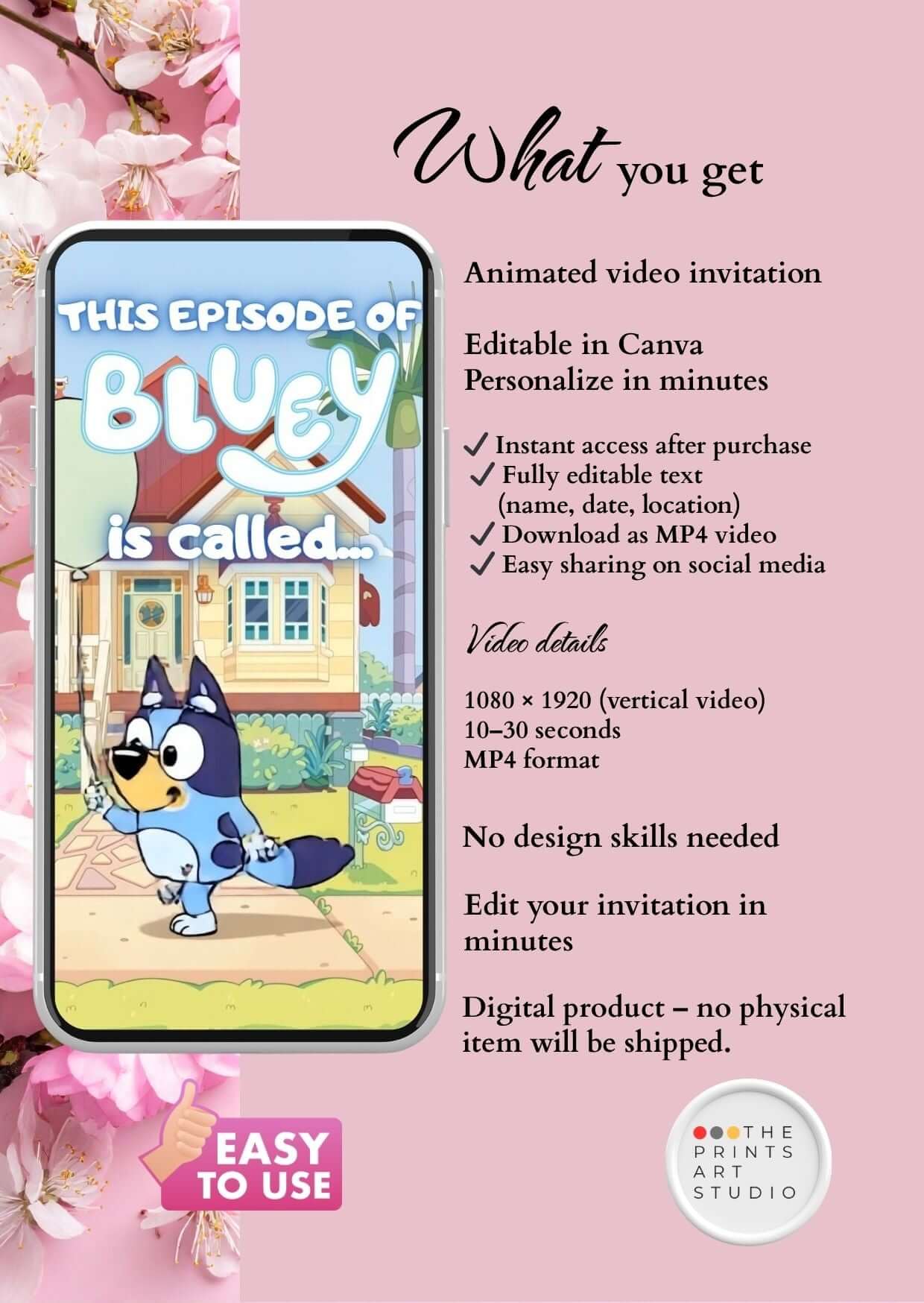 Bluey birthday invitation video featuring animated video invitation details and editing options in Canva.