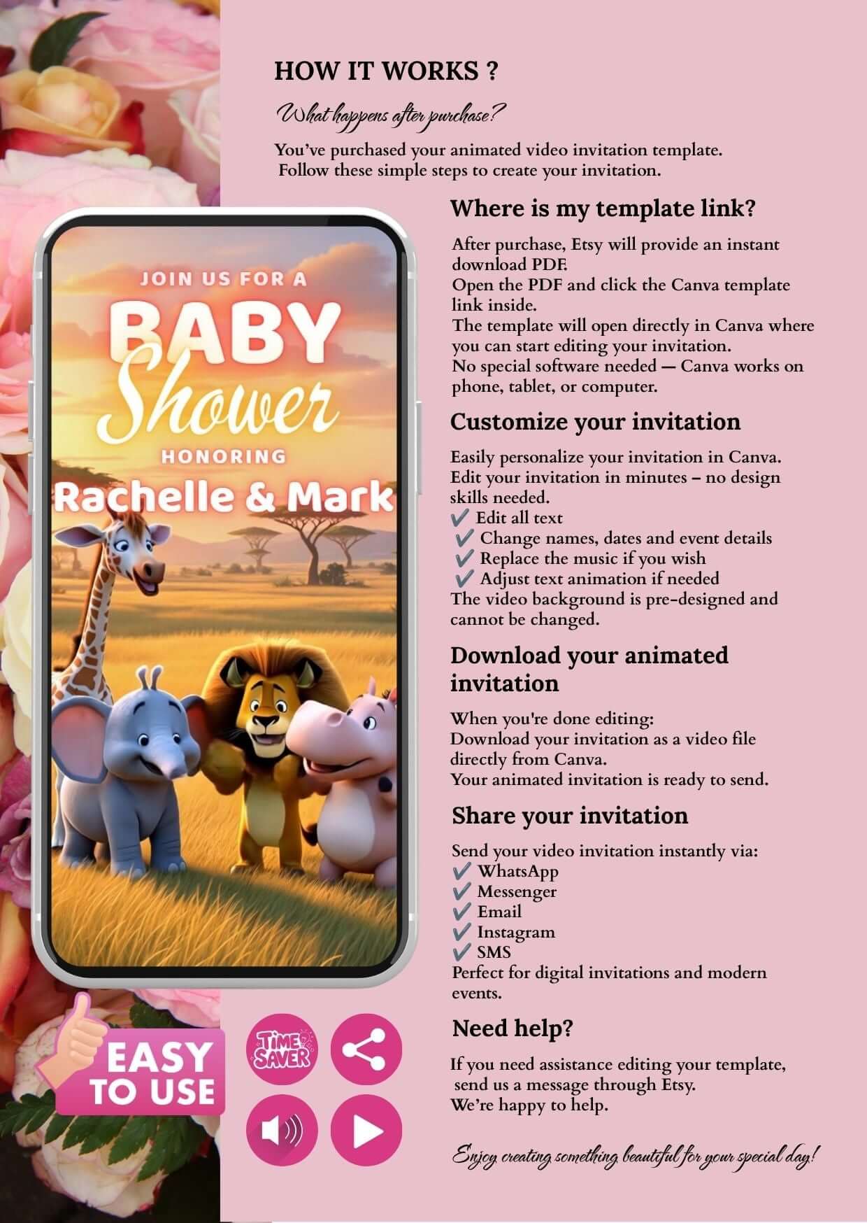 Safari Baby Shower video invitation template featuring animated safari animals and customizable details.
