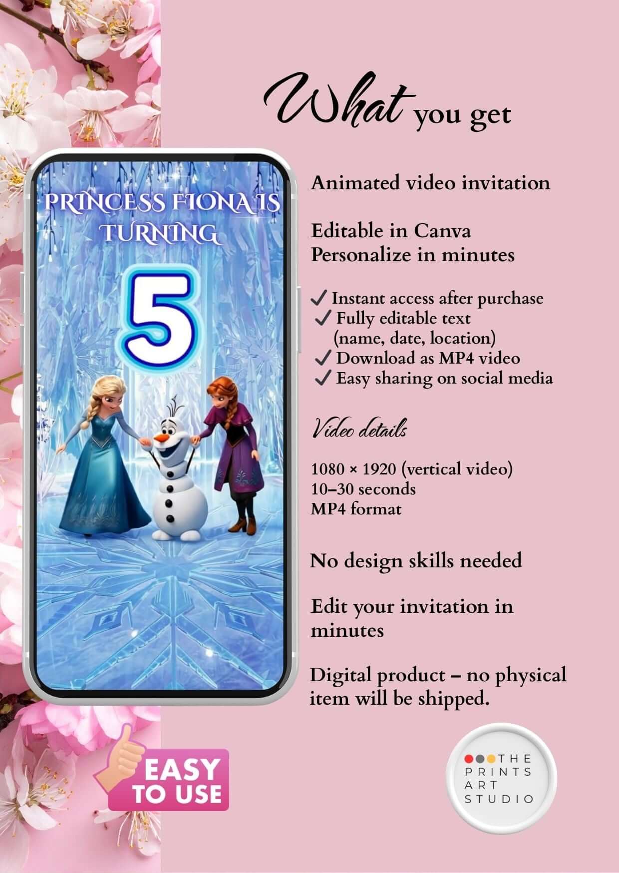 Frozen birthday invitation video featuring Princess Fiona, Elsa, Olaf, and celebration details for a magical party.