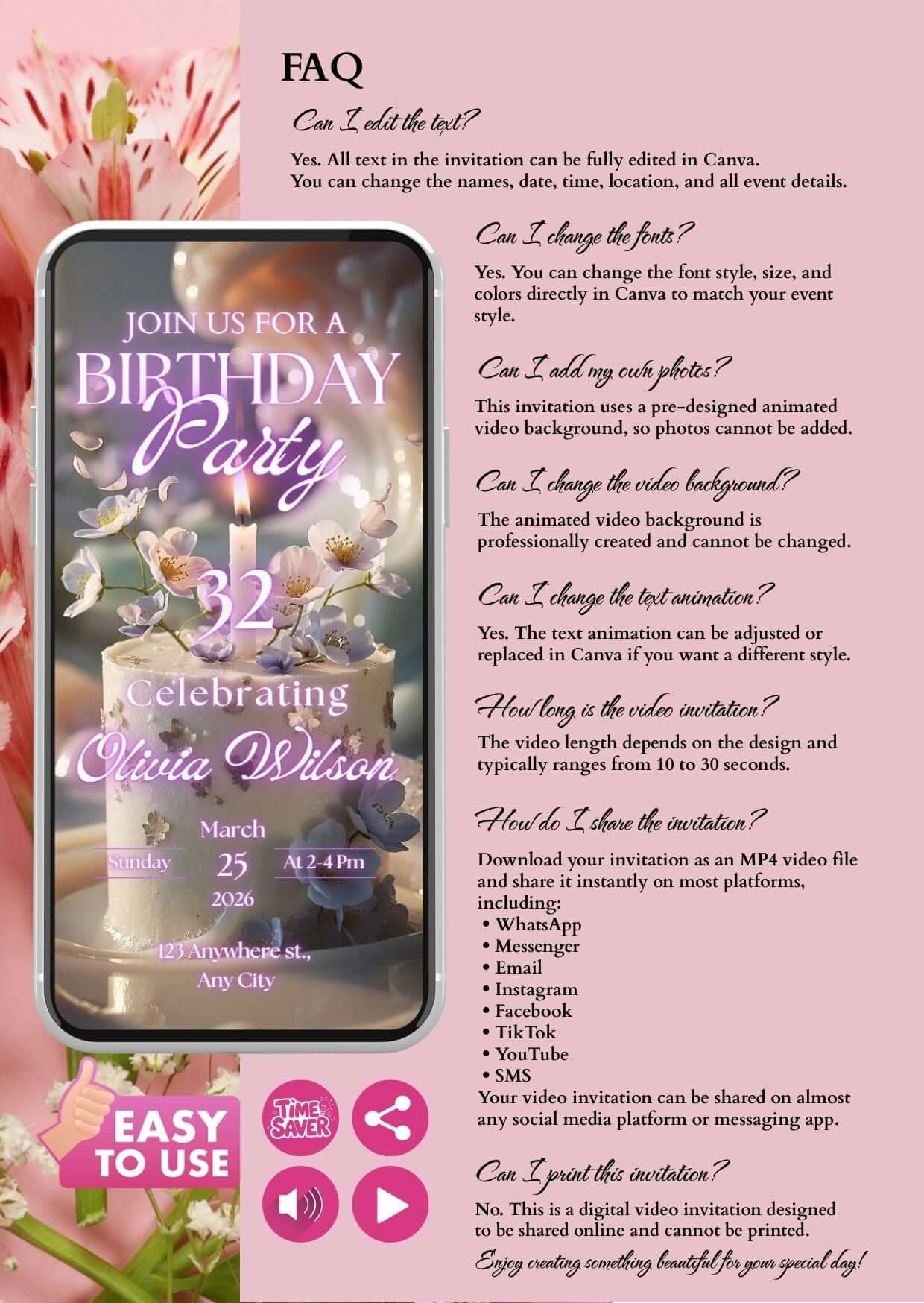 Luxury Animated Birthday Invitation FAQ with details and customization options for an unforgettable celebration.