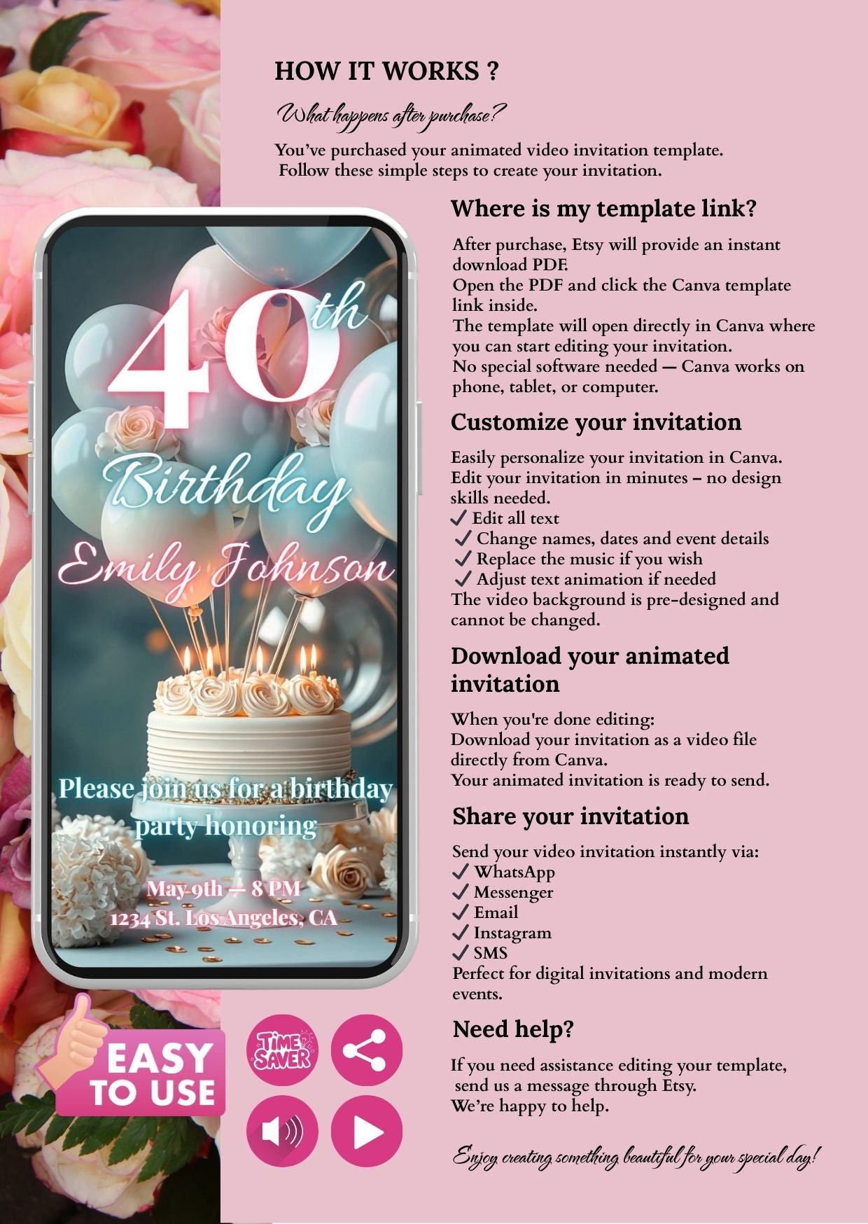40th birthday video invitation featuring a mobile template for customizable animated invite details.
