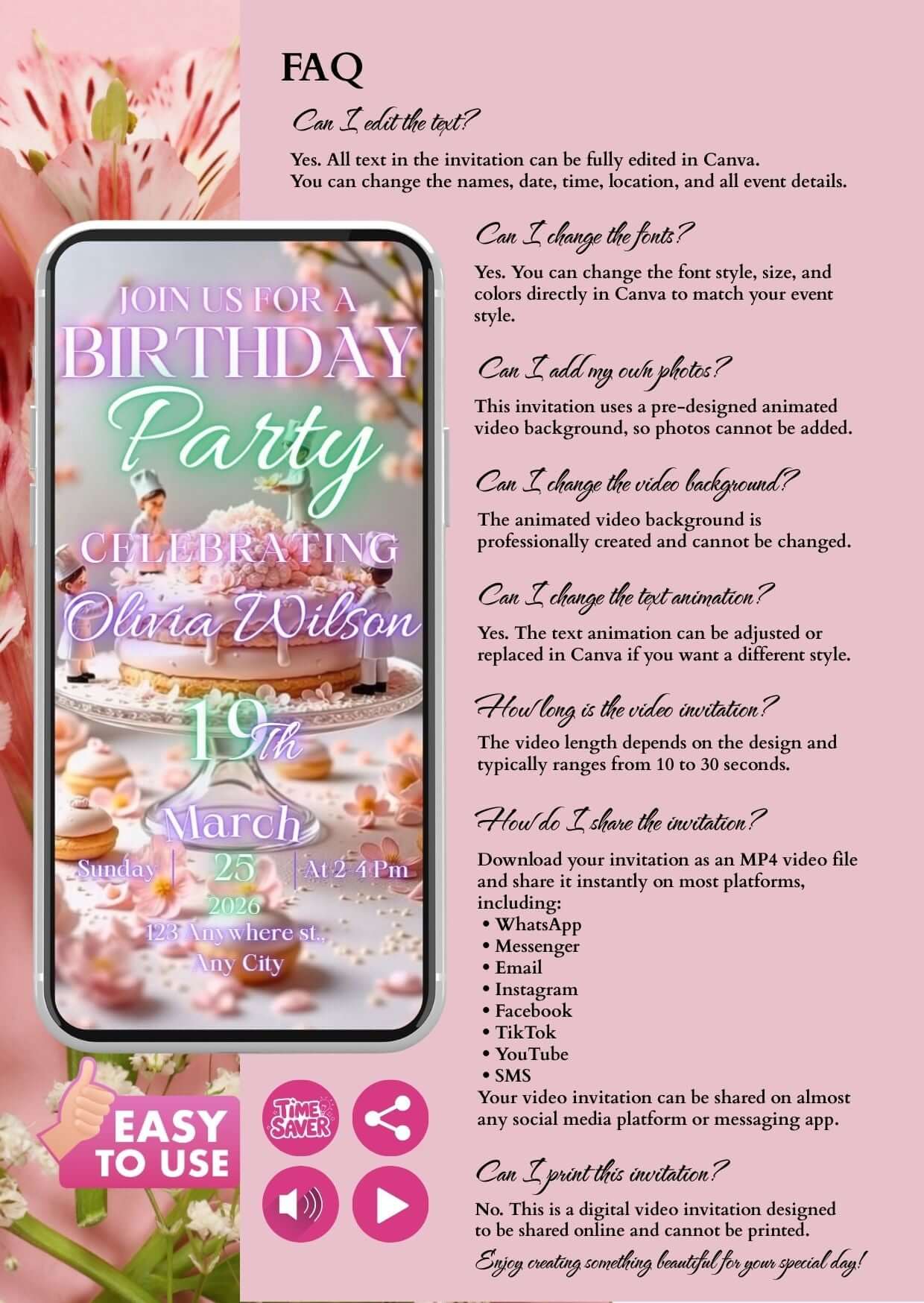 Birthday Video Invitation showcasing elegant design with pastel pink cake and flowers for a birthday party.
