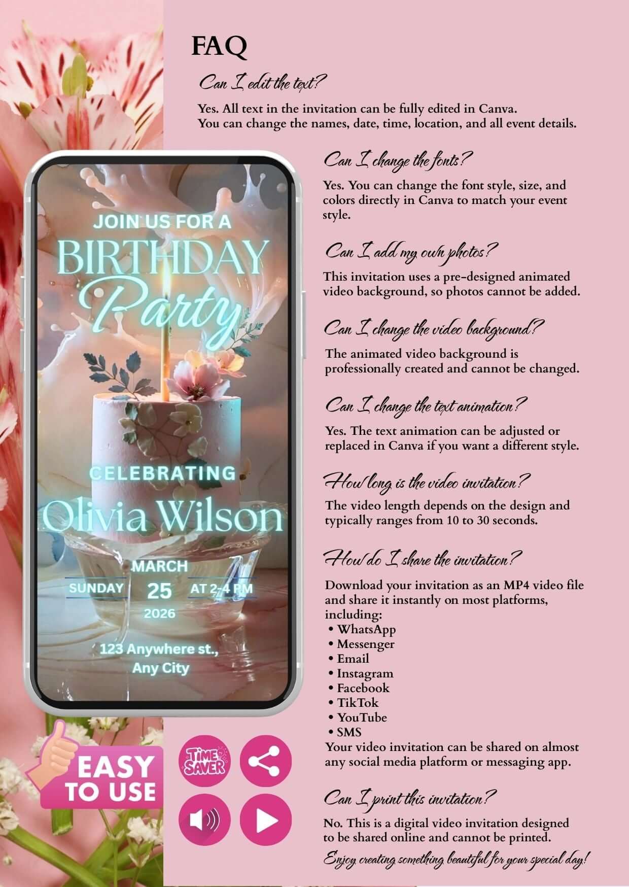 Editable birthday video invitation showcasing a glowing cake design and FAQ details for customization.