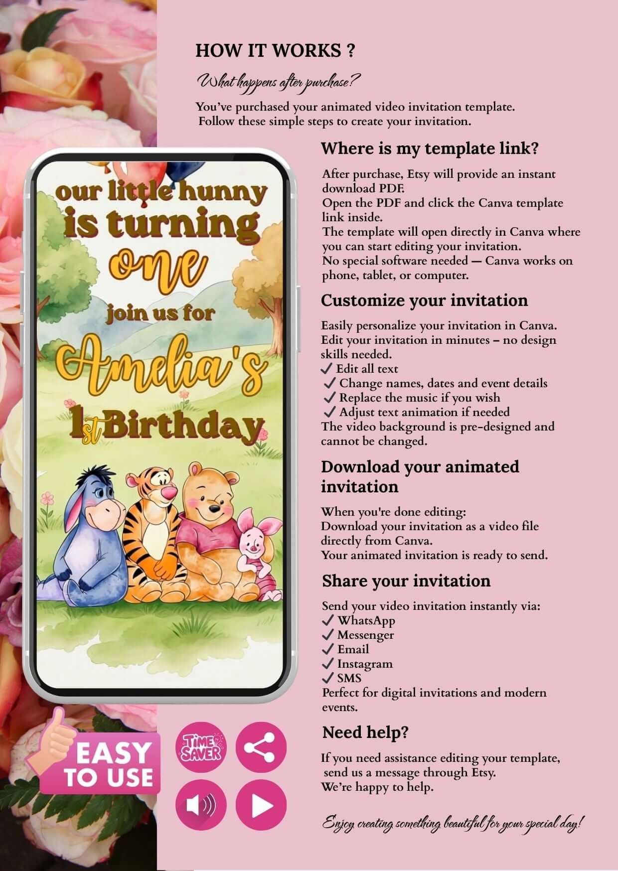 Pooh first birthday invitation video template showcasing colorful characters and customization options for a magical celebration.