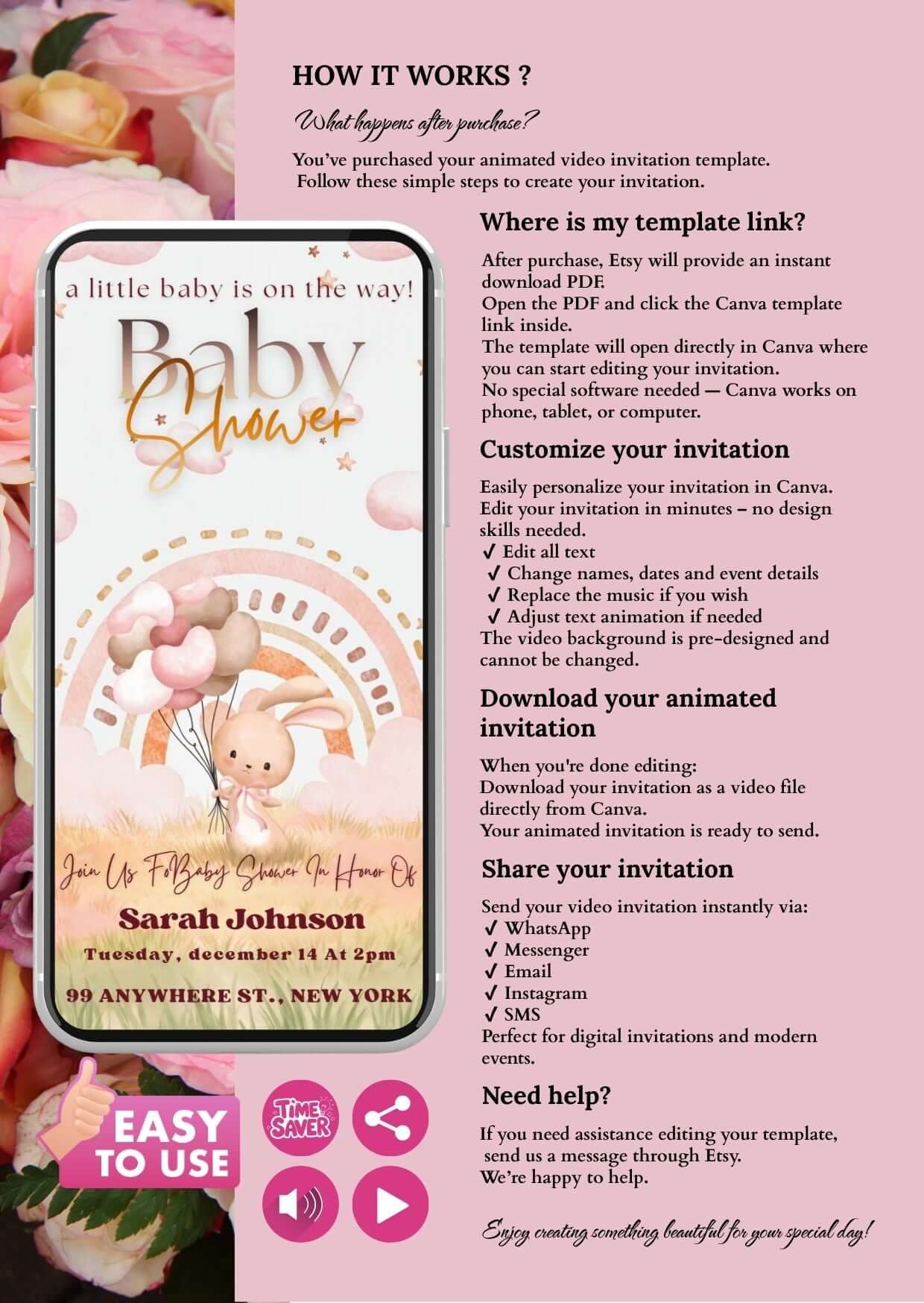 Baby Shower Video Invitation with bunny and pastel design on smartphone screen, surrounded by roses, demonstrating customization options.