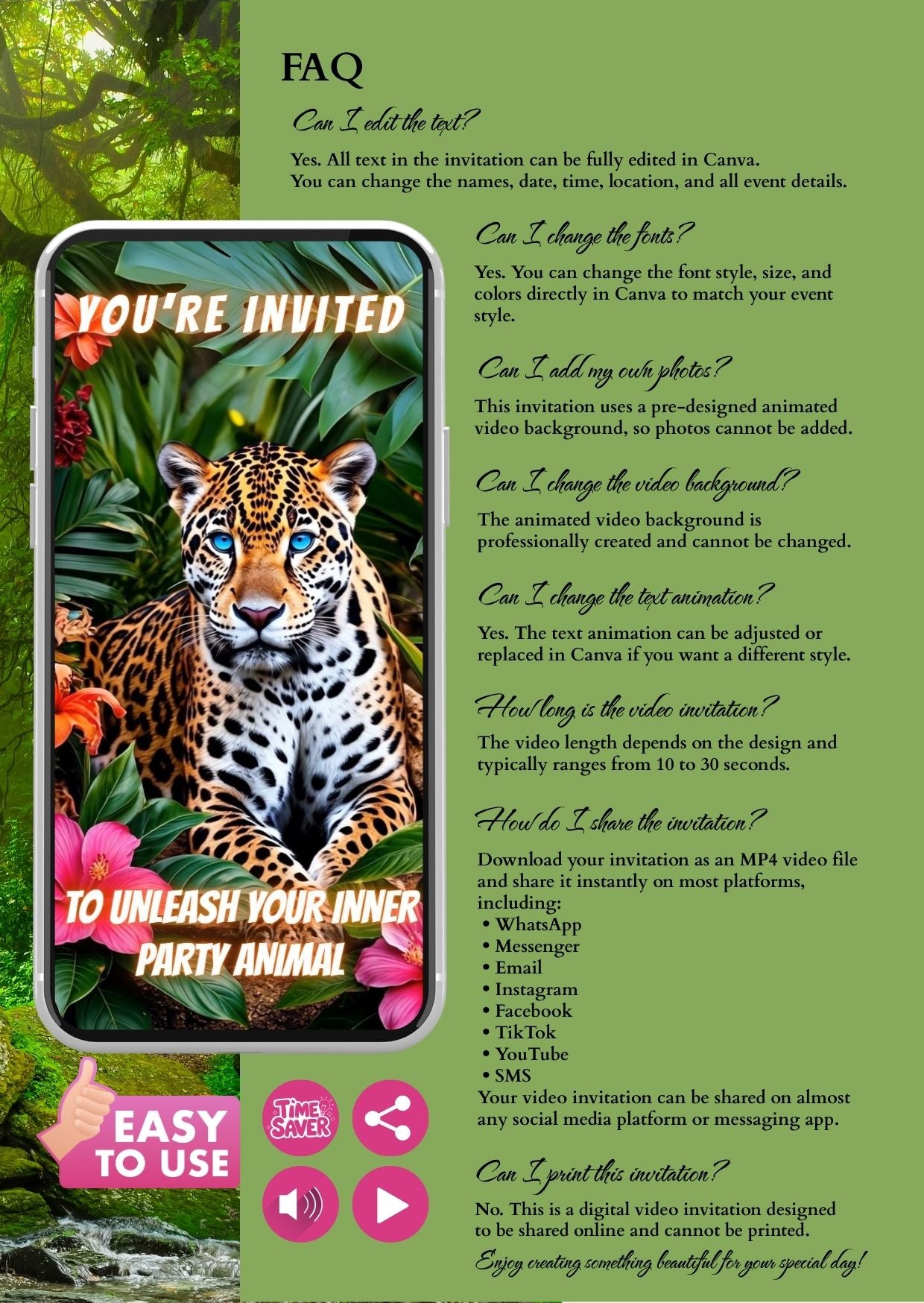 Leopard Birthday Video Invitation showcasing a blue-eyed leopard in a tropical scene with FAQs for customization options.