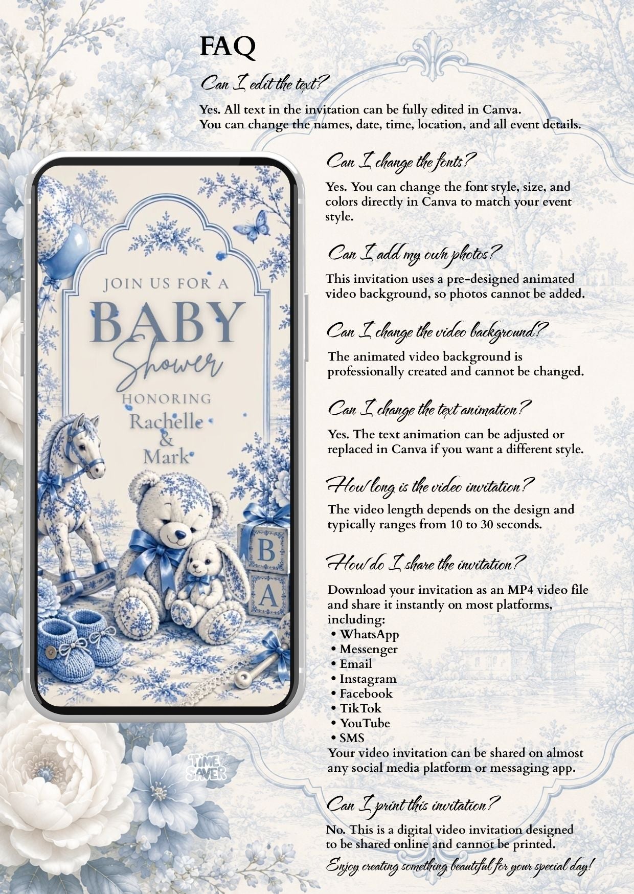 Blue Toile Baby Shower Video Invitation | Editable Canva Invite with FAQ details and teddy bear design