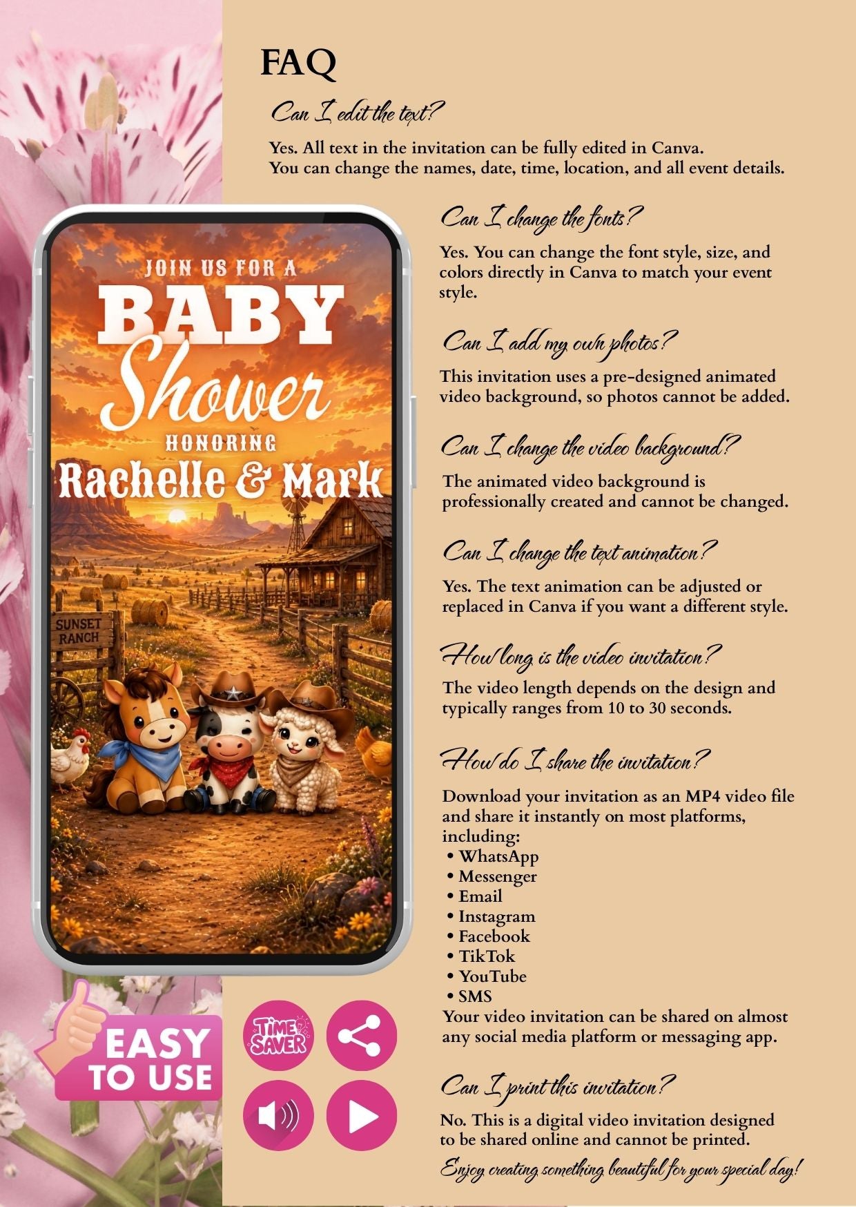 Cowboy baby shower invitation animated video invite showcasing a charming Western theme with cute animal characters.