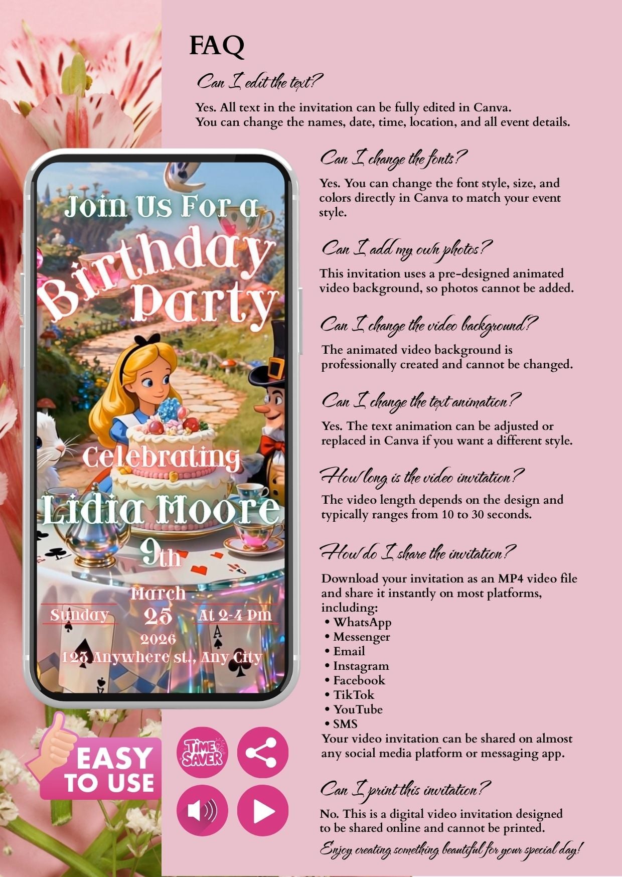 Birthday Video Invitation Alice in Wonderland Theme on mobile phone screen, floral background