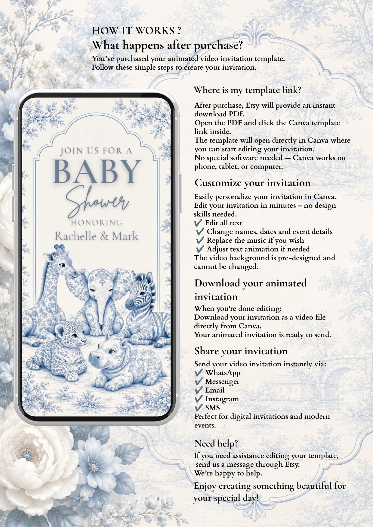 Baby Shower Video Invitation featuring blue toile design and safari animals, instructions for customization and download.
