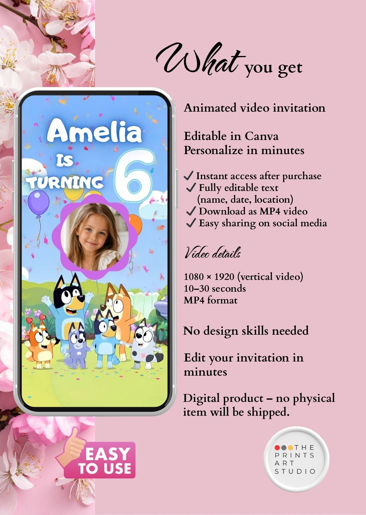 Bluey birthday video invitation featuring a personalized animated invite for Amelia's 6th birthday celebration.