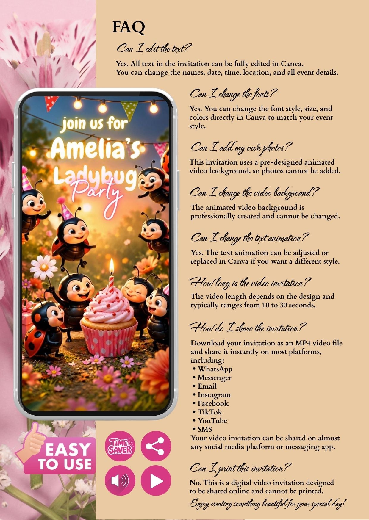 Colorful ladybug birthday invitation featuring animated characters and a cupcake, inviting guests to Amelia's party.