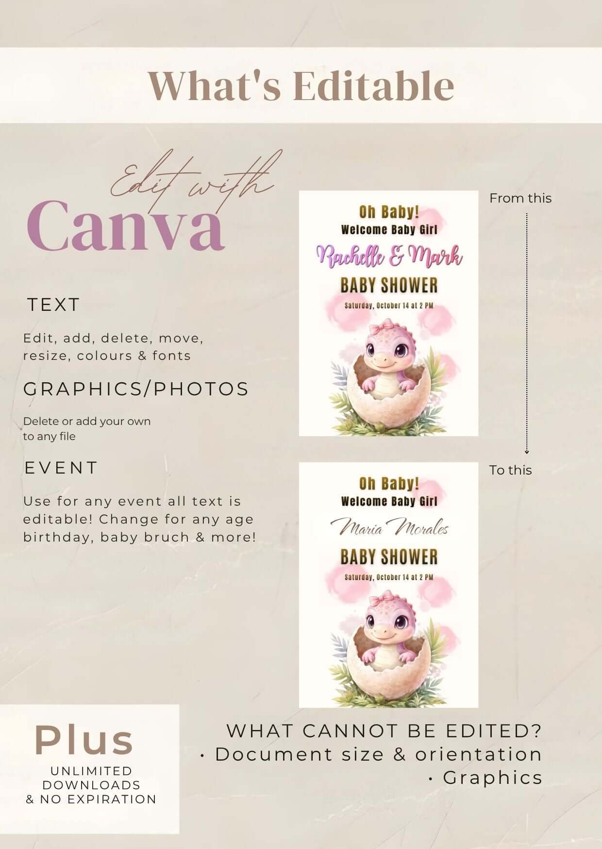 Girl Baby Shower Welcome Sign Editable Pink Dinosaur Baby Shower design options with customizable text and graphics.