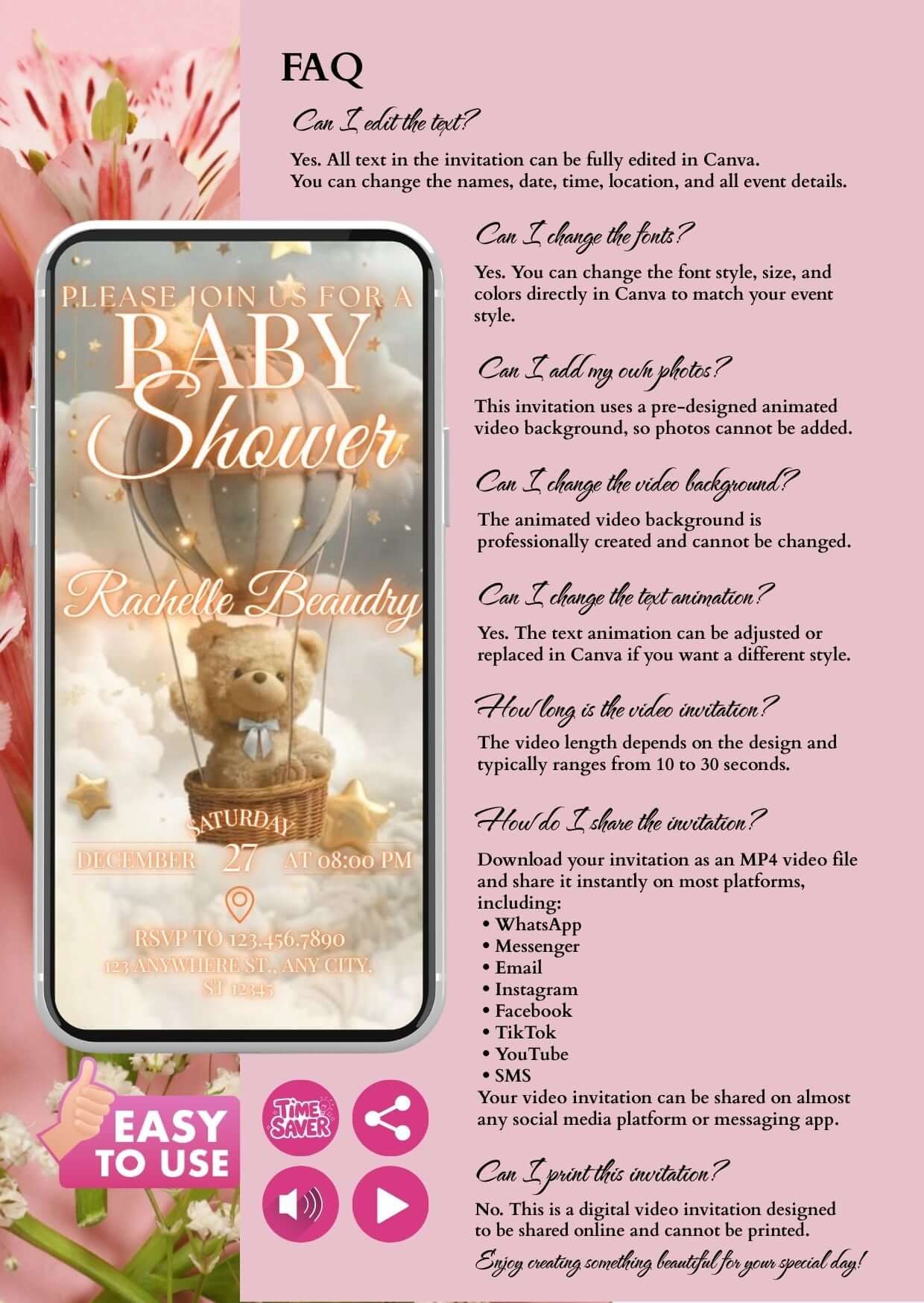Teddy Bear Baby Shower Video Invitation FAQ guide on customizing invitations and features.