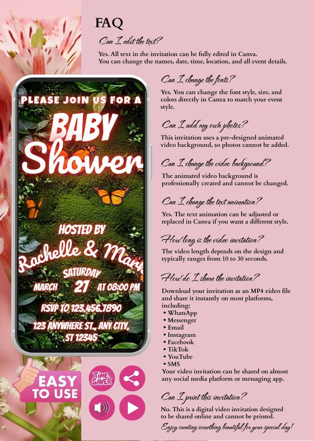 Baby Shower Video Invitation Jungle Theme displayed on a smartphone with FAQ and customization options in the background.