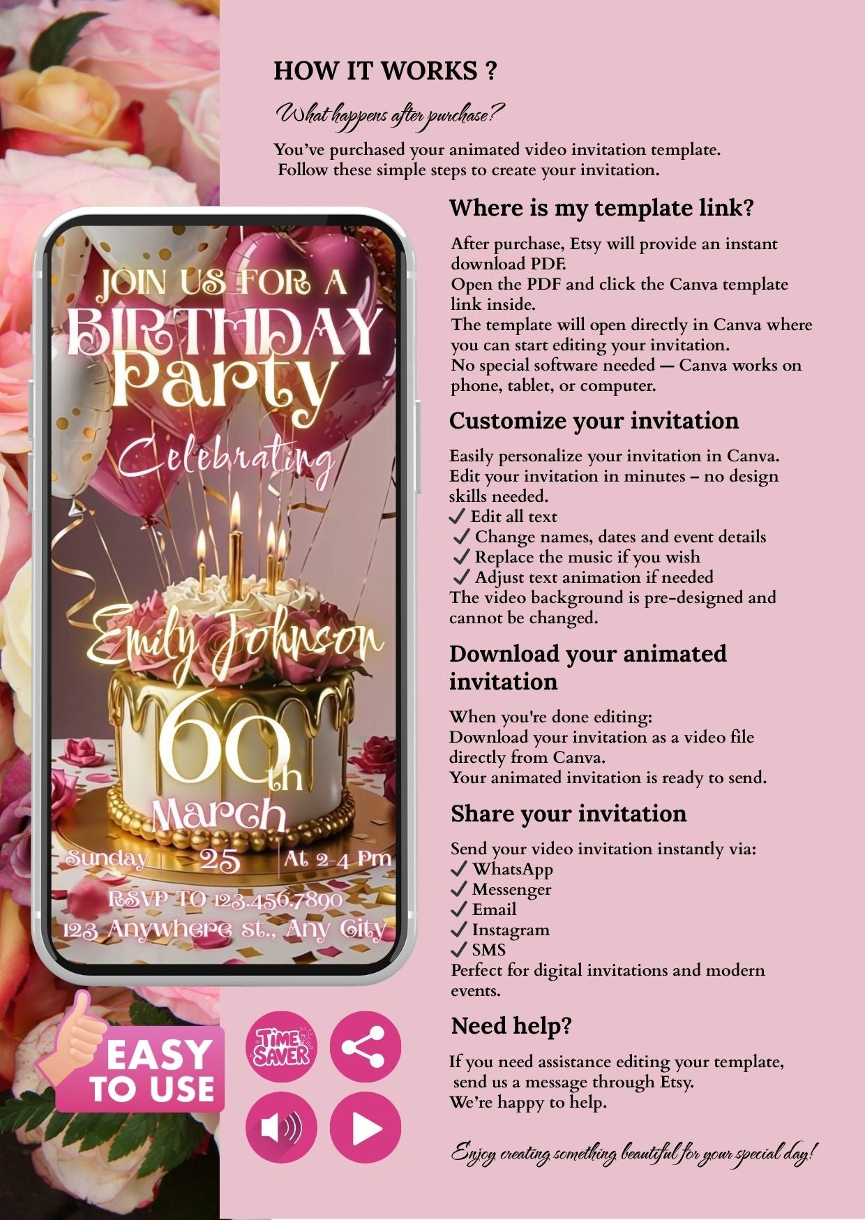 Birthday Video Invitation Elegant Gold Party 60th, digital invite with roses and instructions for creating a memorable celebration.