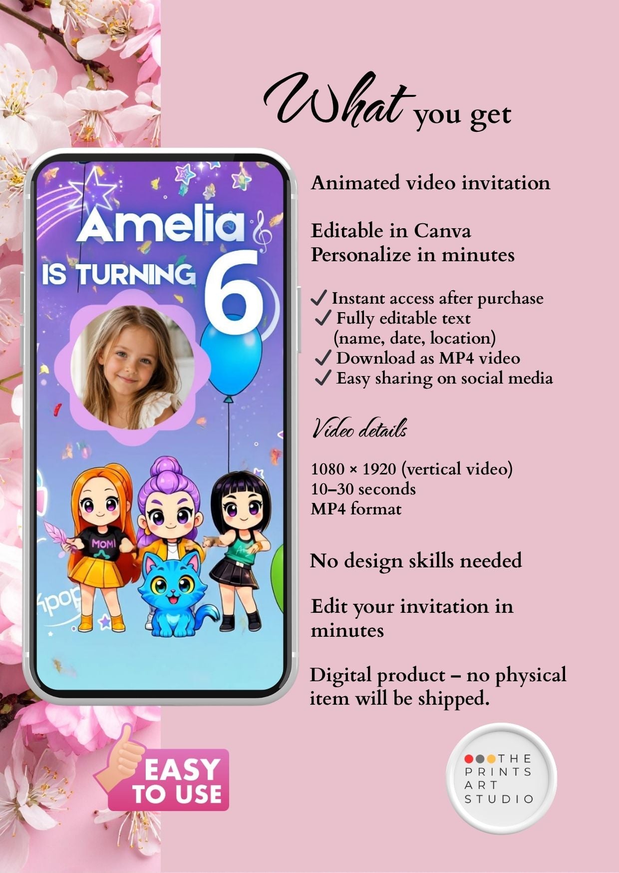Kpop Birthday Video Invitation featuring a custom design with a child's photo and animated characters for a birthday celebration.