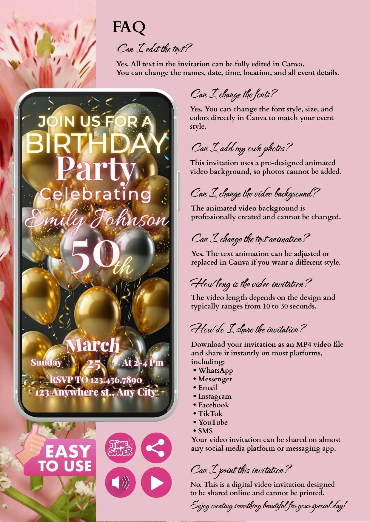 50th Birthday Video Invitation with elegant golden theme and customization options for milestone celebrations, displayed on smartphone.