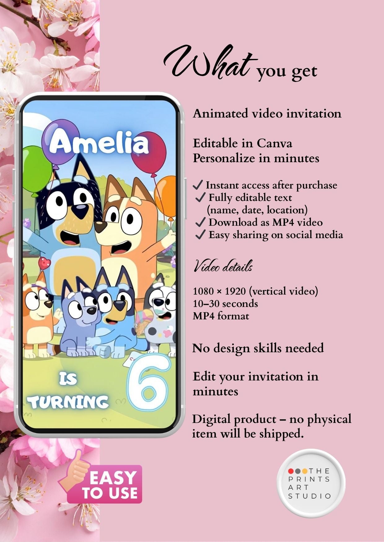 Bluey birthday video invitation featuring animated characters and customizable text for kids' birthday celebrations.