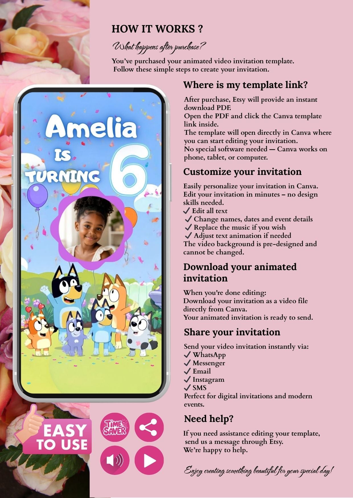 Bluey birthday video invitation featuring customization details and a child's photo for a 6th birthday celebration.
