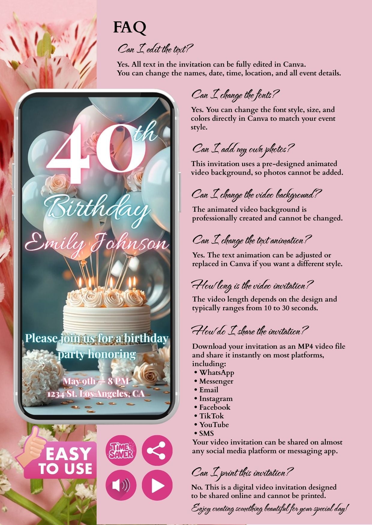 40th birthday video invitation with decorative balloons and cake, editable in Canva for customizable party details.