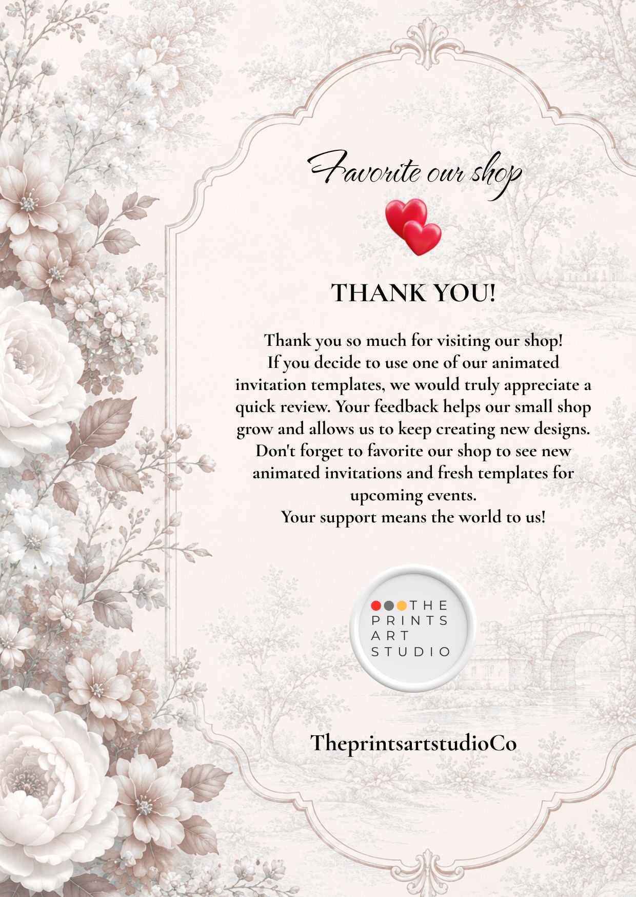 cowboy baby shower invitation. Thank you note with floral design for The Prints Art Studio encouraging customers to favorite their shop.