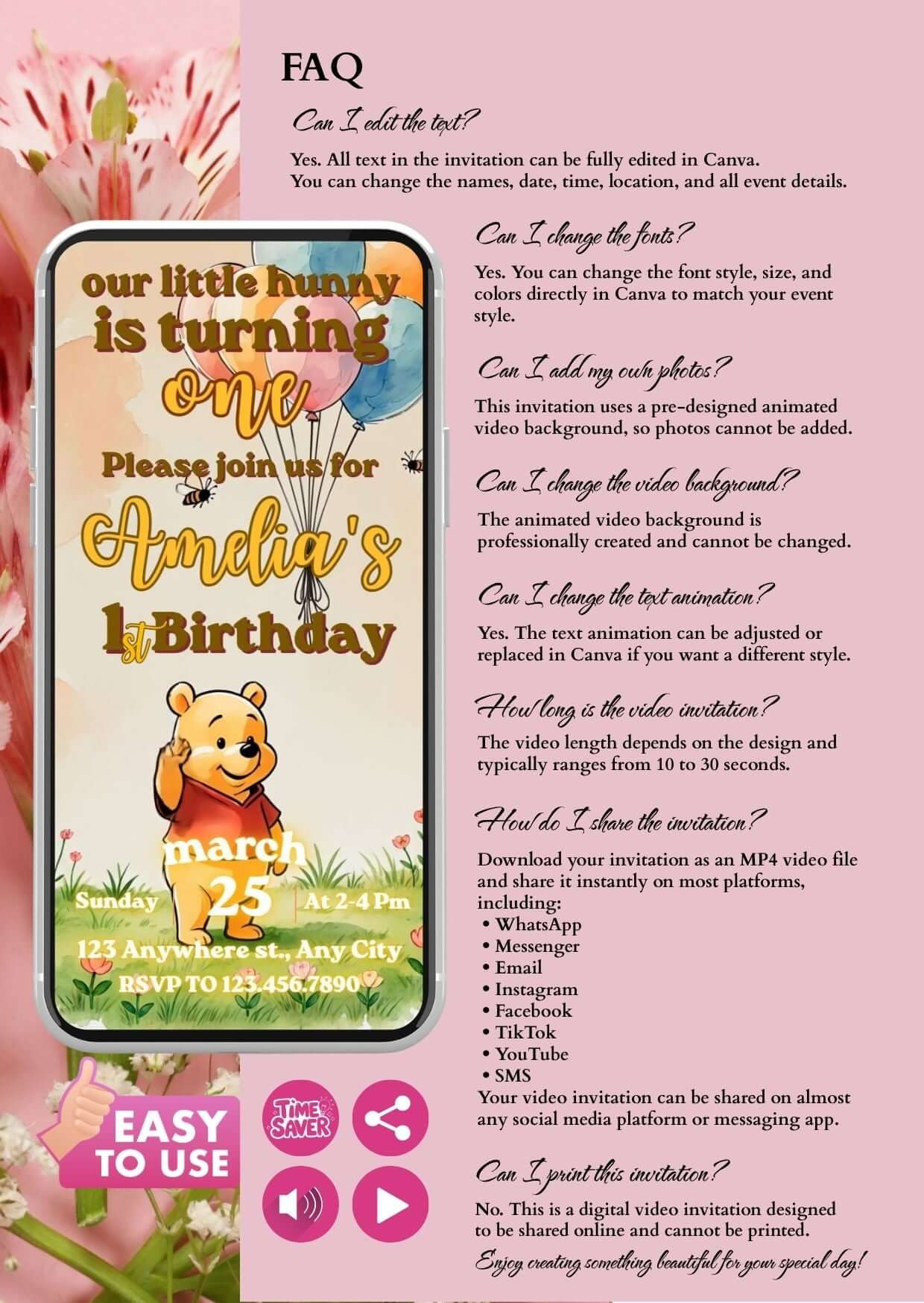 Winnie the Pooh birthday invitation video template for a magical celebration with balloons and flowers.