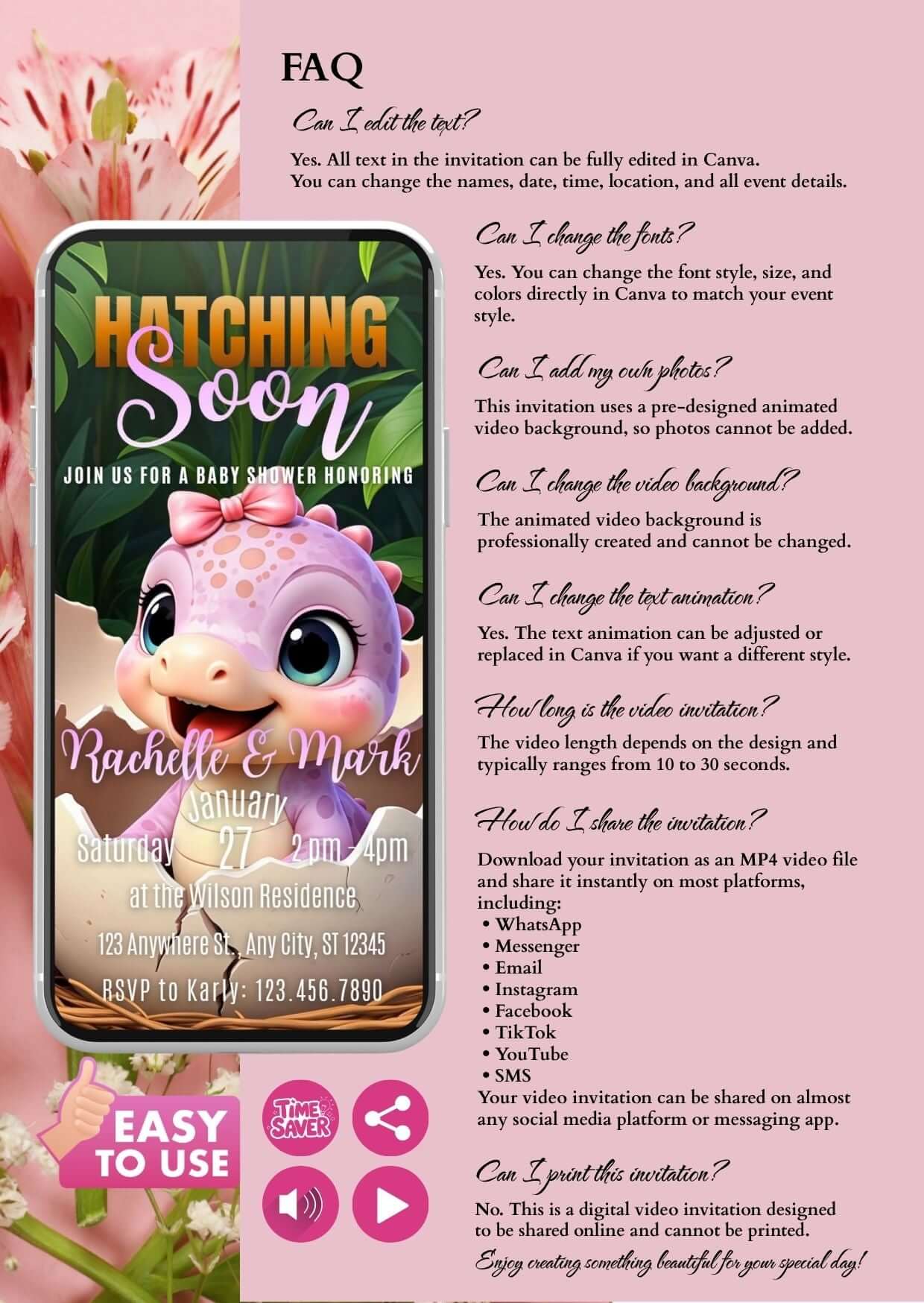 Baby Girl Shower Video Invitation featuring a dinosaur design, FAQs, and event details for a baby shower celebration.