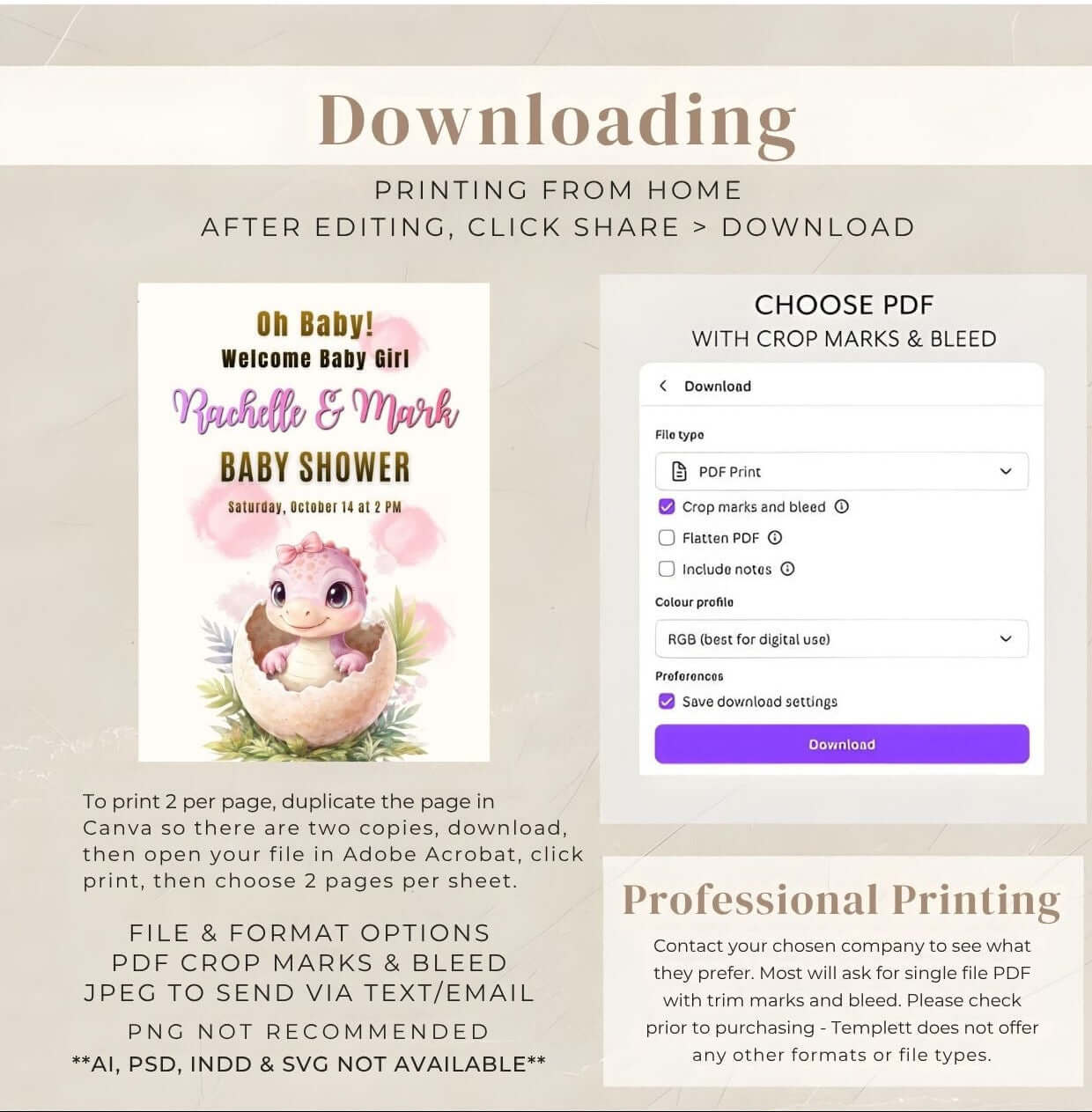 Girl Baby Shower Welcome Sign Editable Pink Dinosaur Baby Shower download instructions and options