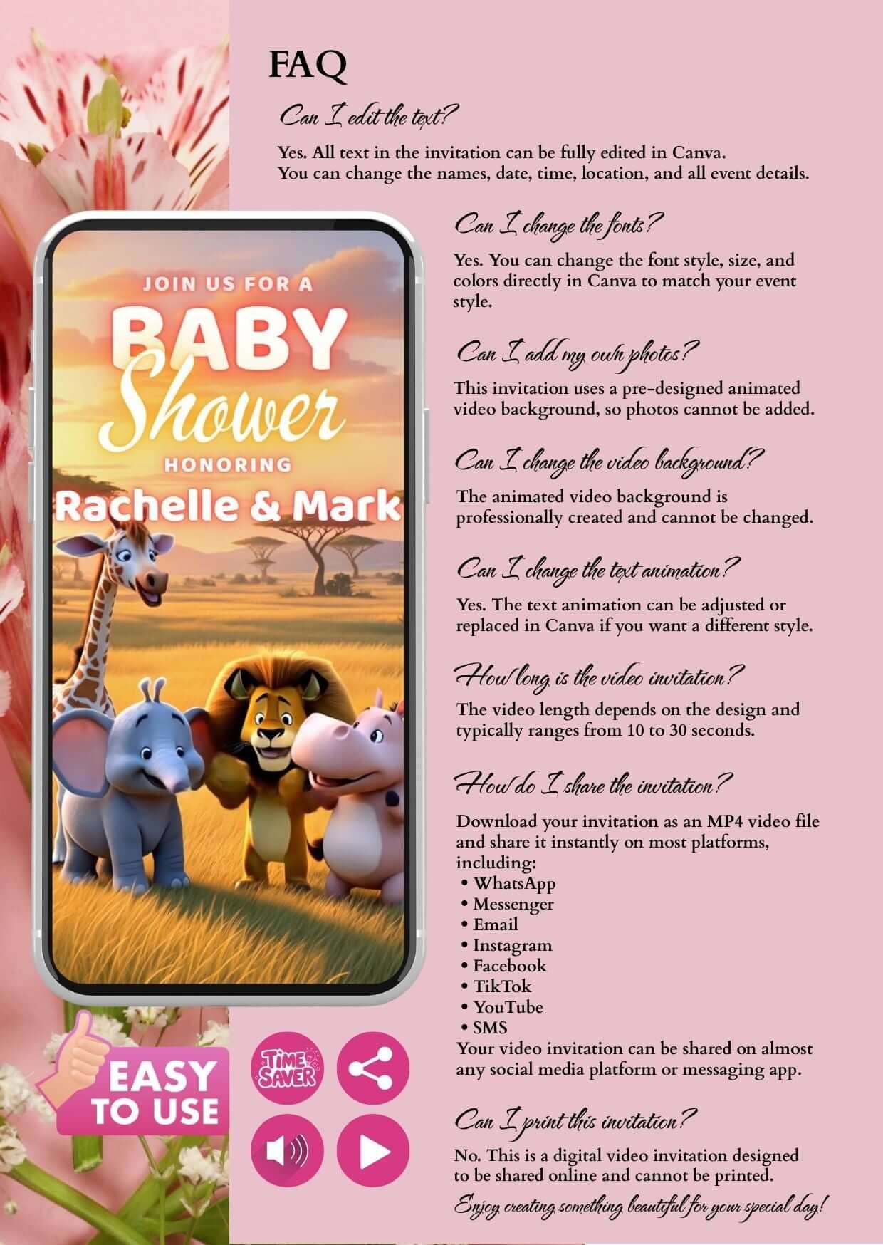 Safari Baby Shower video invitation template featuring cute safari animals and customizable text for a baby shower.