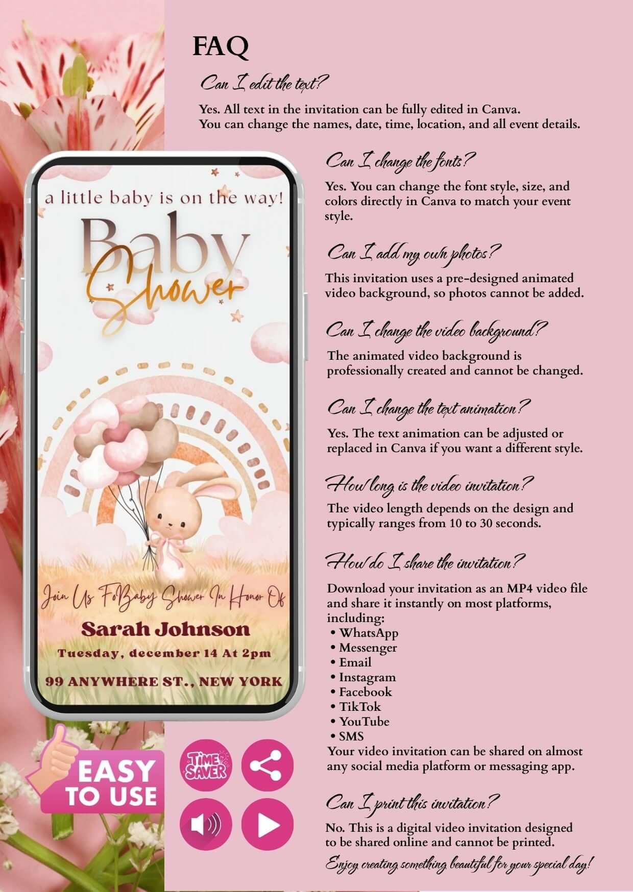 Baby Shower Video Invitation with bunny theme on a phone, pastel colors, surrounded by FAQ text and flowers.