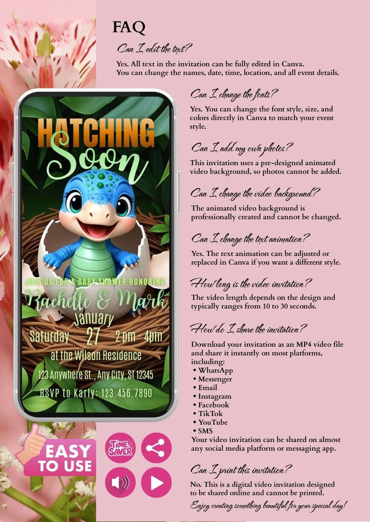 Dinosaur-themed Baby Shower Invitation Video template on smartphone with pink floral background and FAQ instructions.