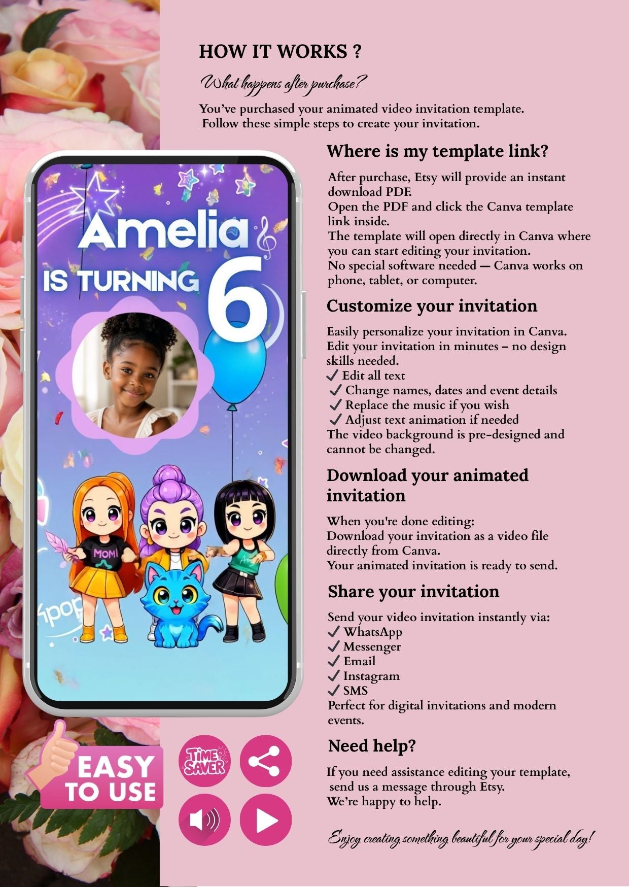 Kpop Birthday Video Invitation with photo customization and instructions for animated video creation.