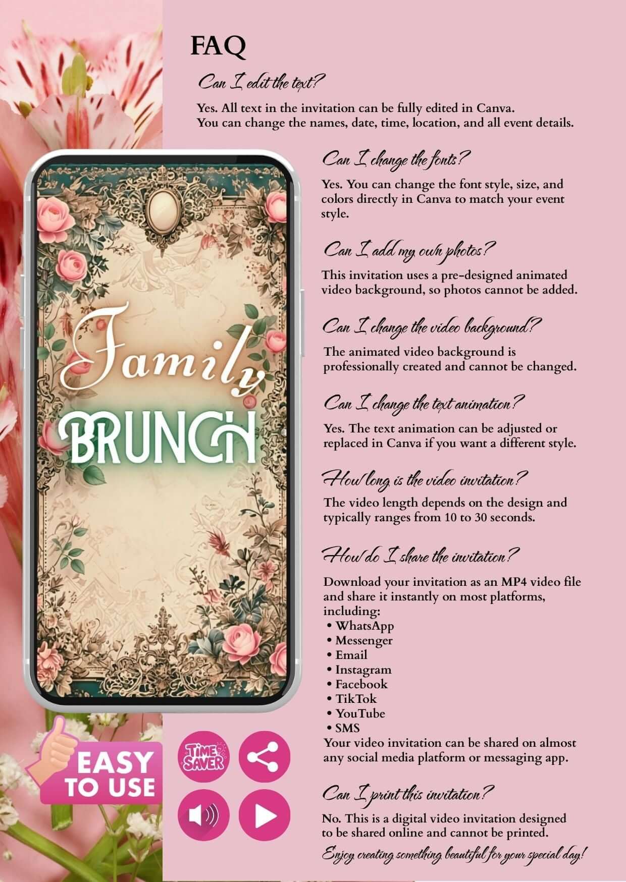 Brunch invitation template FAQ for editable Canva design with vintage style and floral accents.