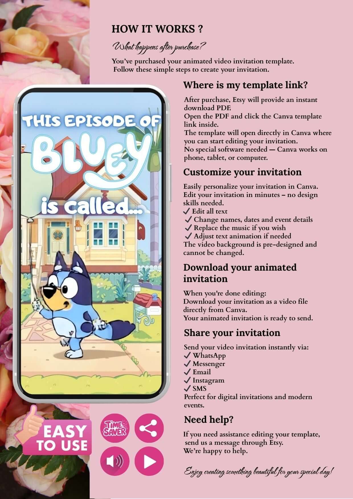 Bluey birthday invitation video template displayed on a phone with colorful floral background.