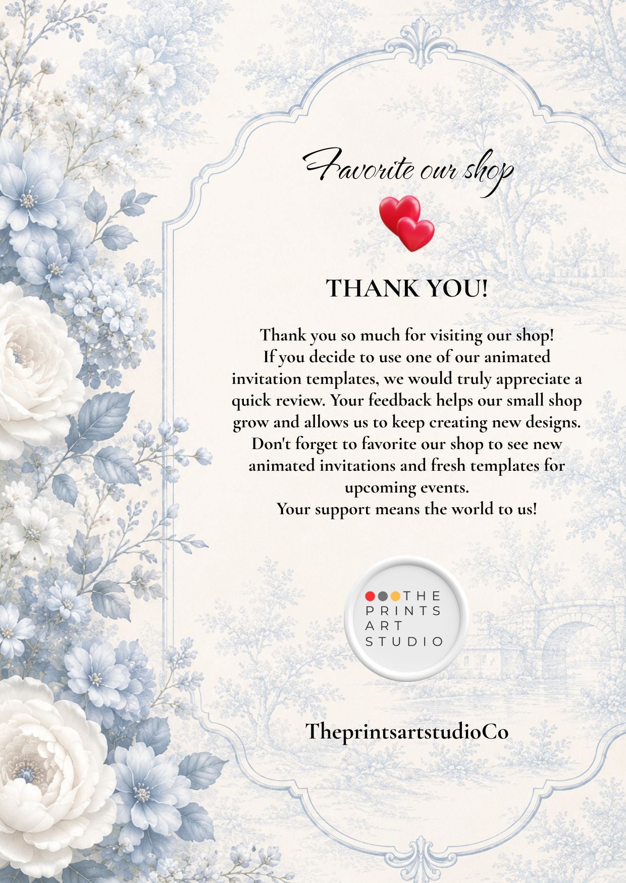 Blue Toile Baby Shower Video Invitation thank you note with floral design and heart accent.