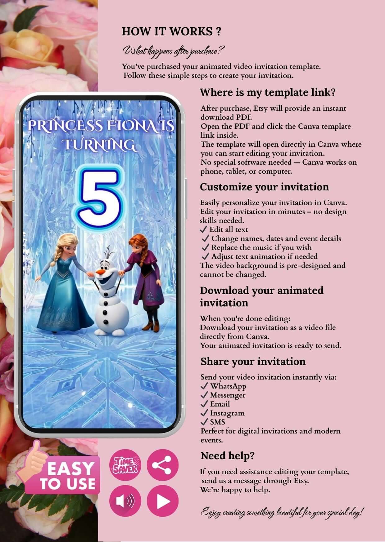 Frozen birthday invitation video featuring characters from Frozen with customizable template details.