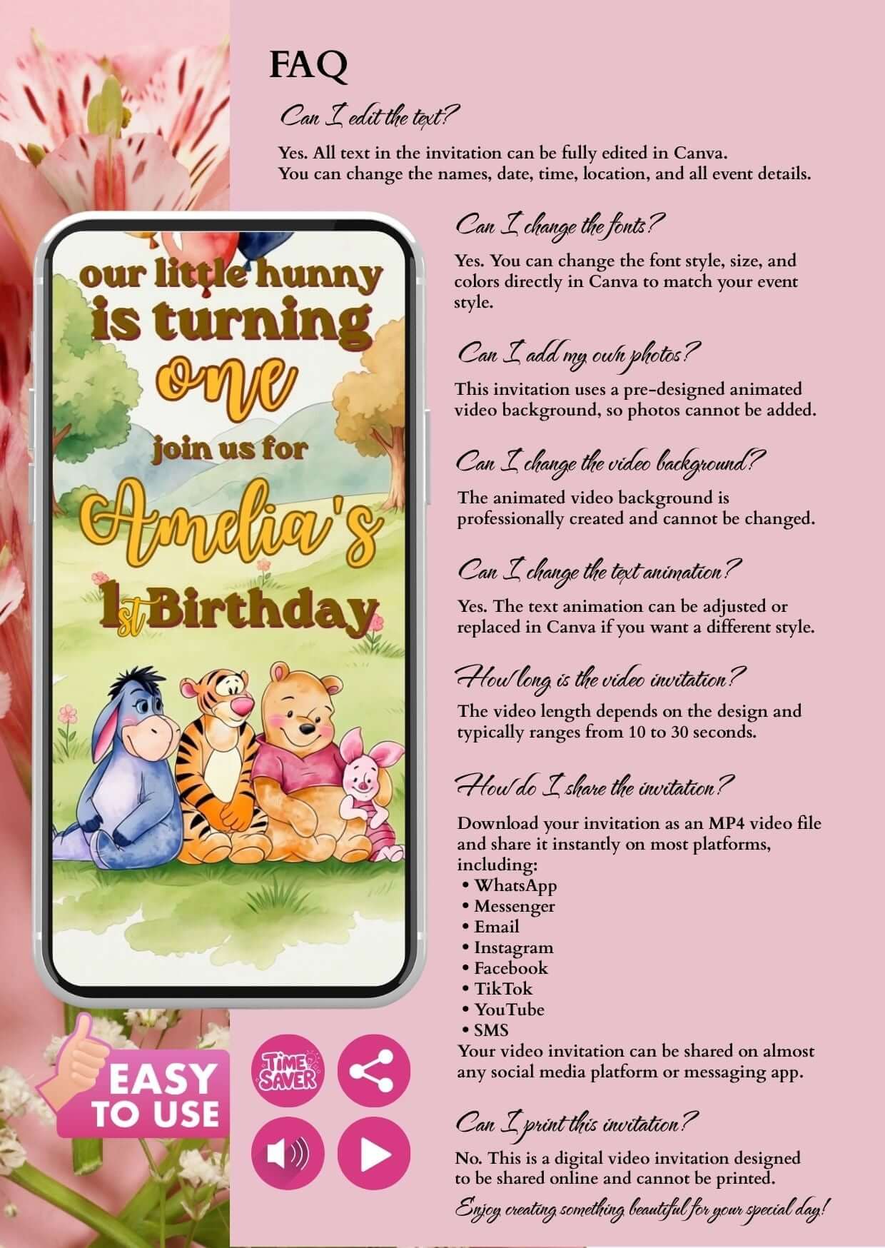 Pooh first birthday invitation video template with colorful characters and birthday details for Amelia's celebration