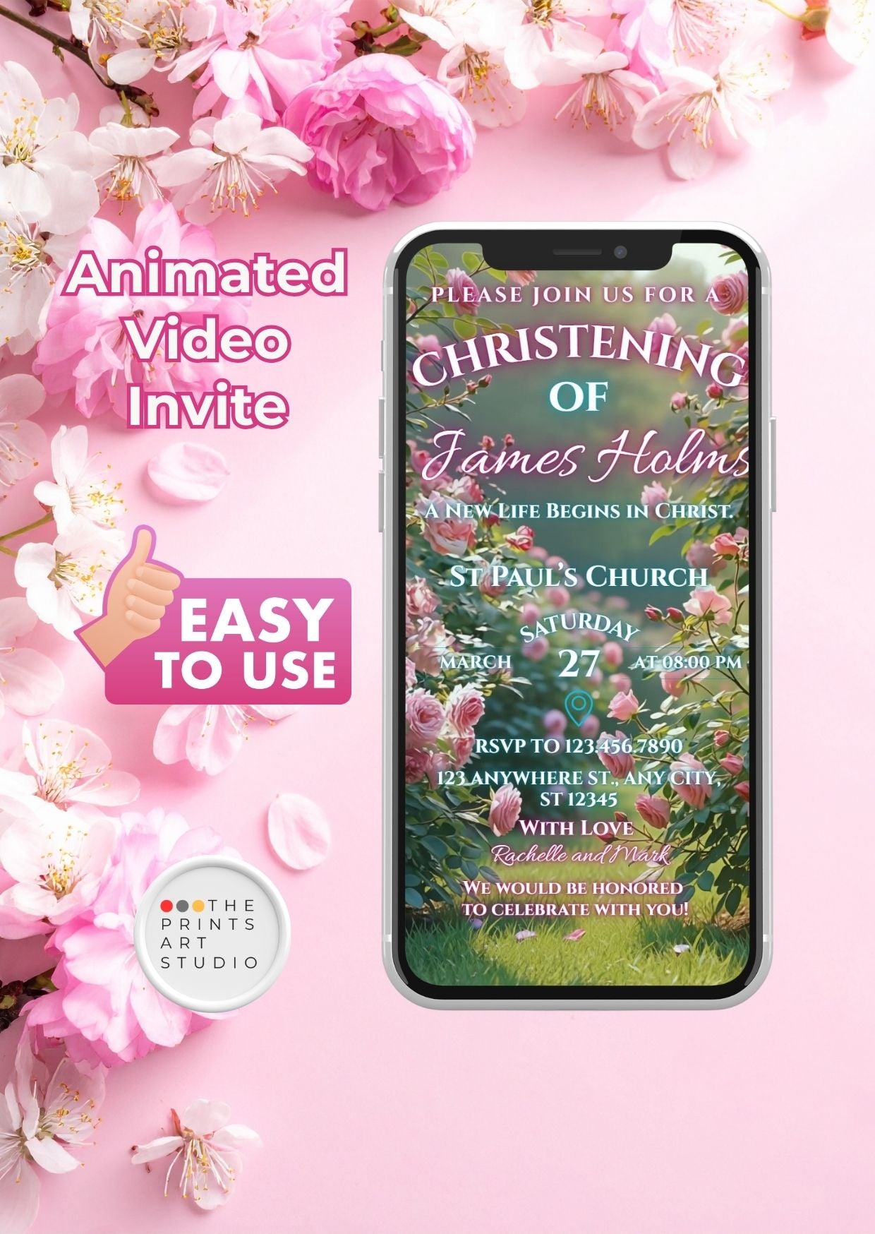 Christening Video Invitation Canva Editable MP4 displayed on smartphone with floral background, highlighting ease of use.