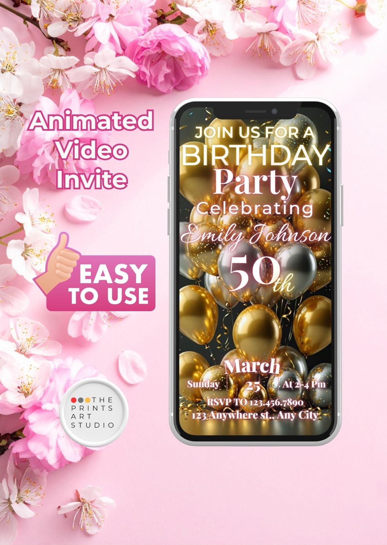50th Birthday Video Invitation displayed on smartphone with golden balloons and flowers, emphasizing elegant party celebration.