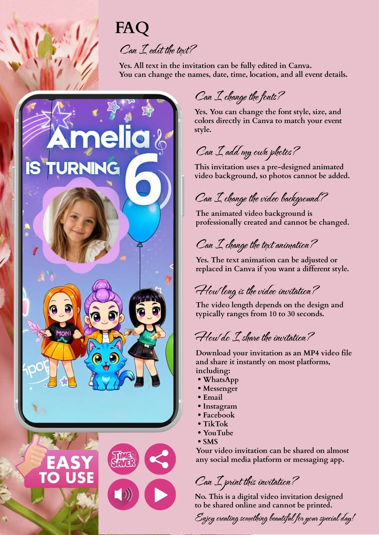 Kpop Birthday Video Invitation with photo, featuring personalized details for a child's celebration.