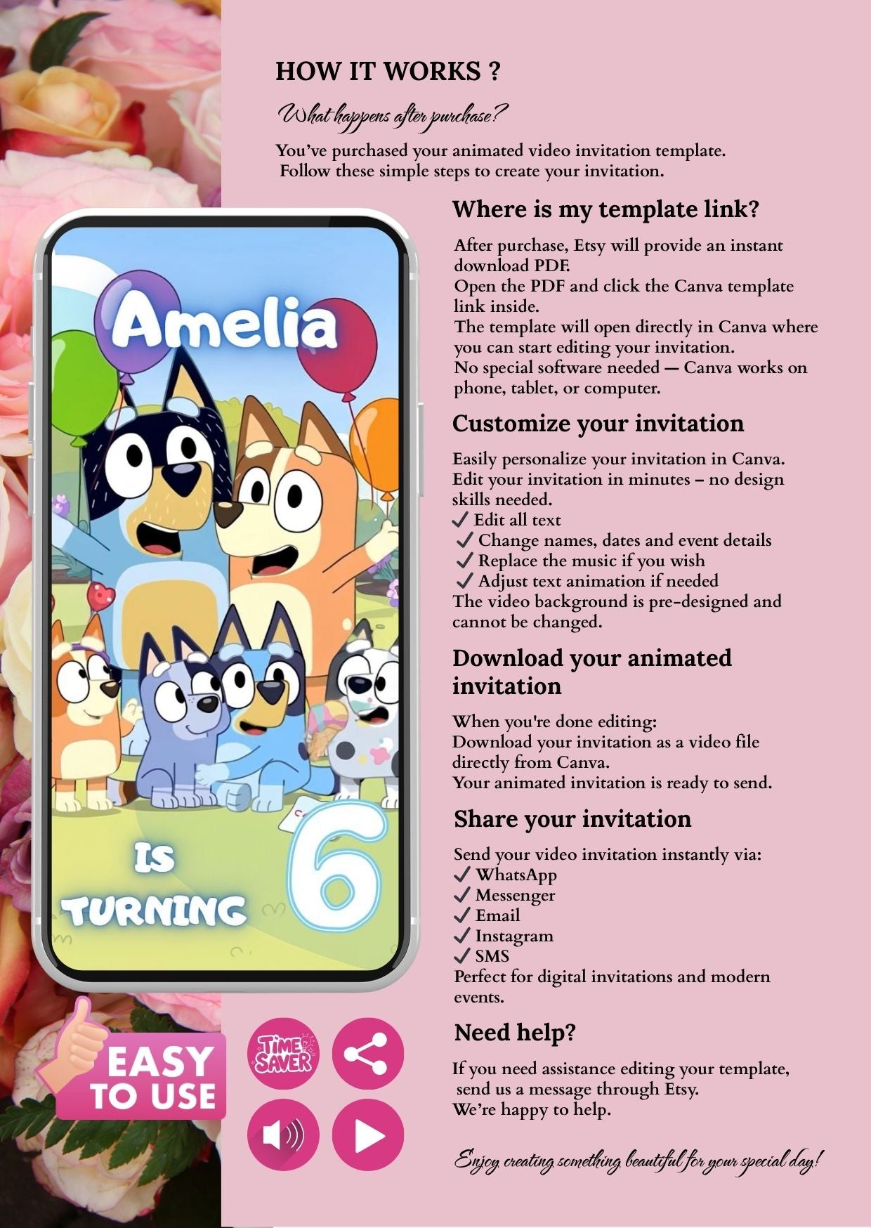 Bluey birthday video invitation animated kids birthday invite template instructions